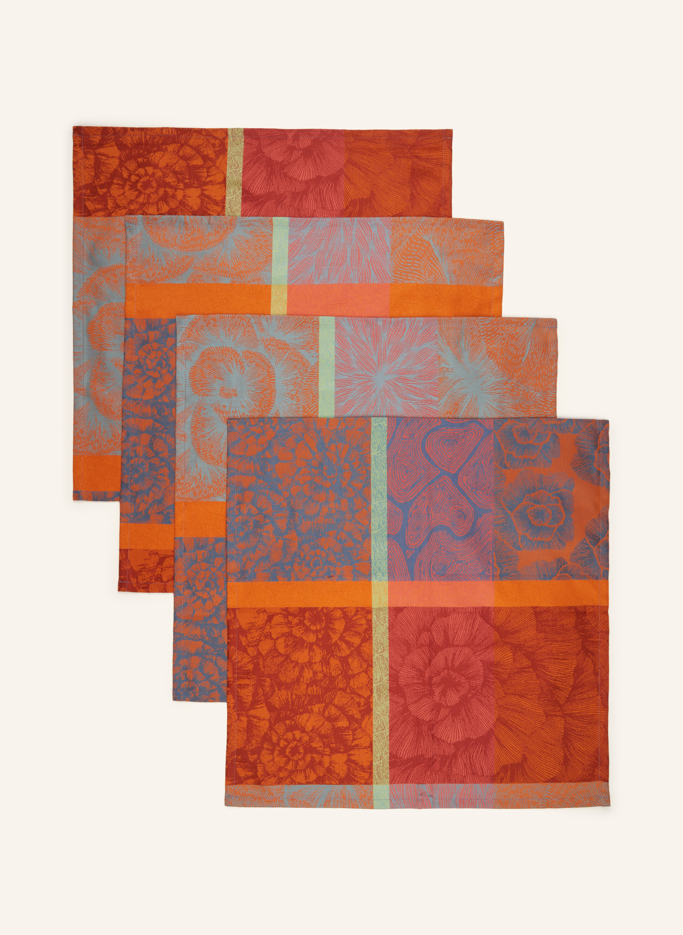 GARNIER-THIEBAUT Set of 4 cloth napkins MILLE PETALES FLORALIES, Color: ORANGE/ BLUE/ LIGHT GREEN (Image 2)