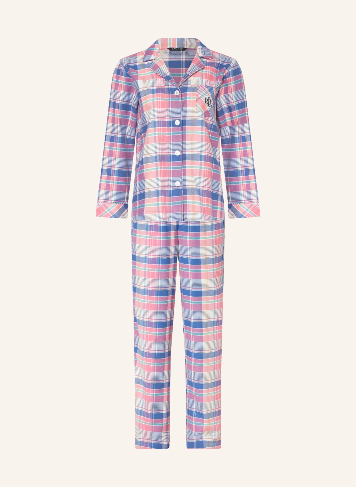 LAUREN RALPH LAUREN Schlafanzug BRUSHED TWILL, Farbe: ROSA/ BLAU/ WEISS (Bild 1)