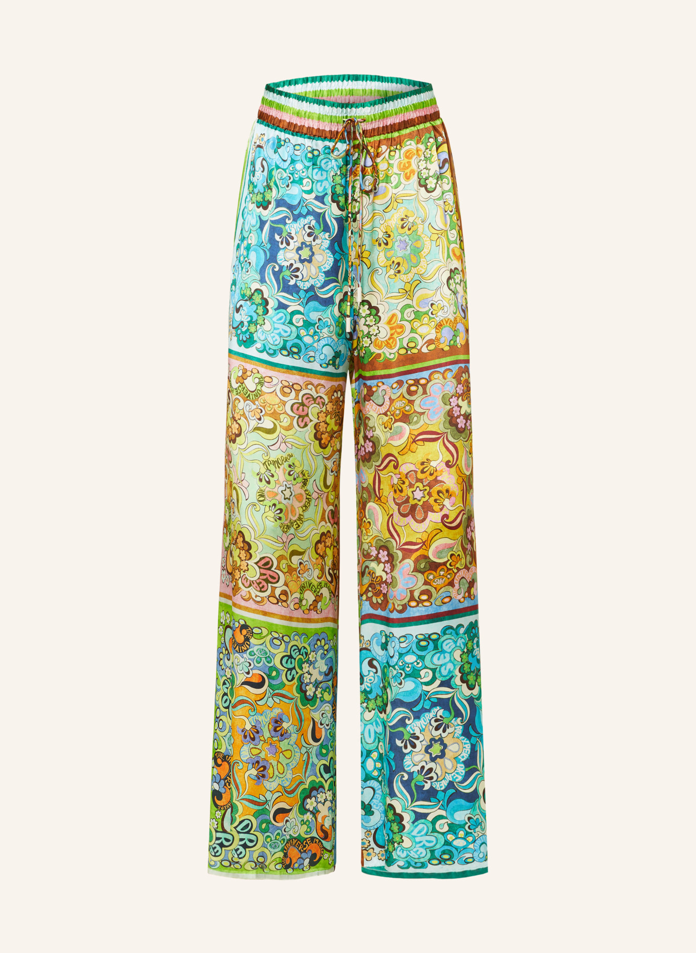 ALÉMAIS Wide leg trousers DREAMER in silk, Color: BLUE/ LIGHT GREEN/ DARK YELLOW (Image 1)