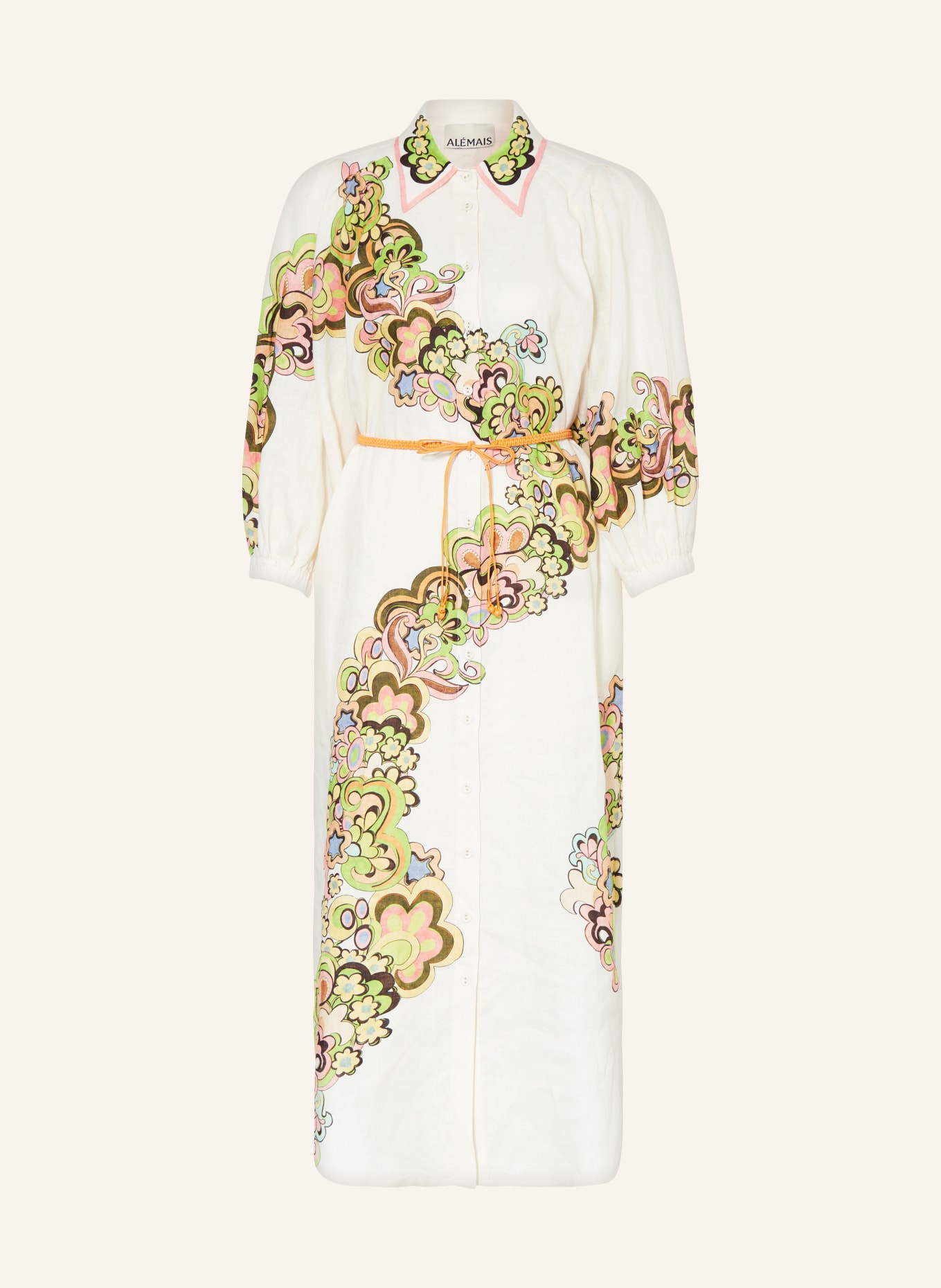 ALÉMAIS Hemdblusenkleid aus Leinen mit 3/4-Arm, Farbe: CREME/ HELLGRÜN/ ROSA (Bild 1)