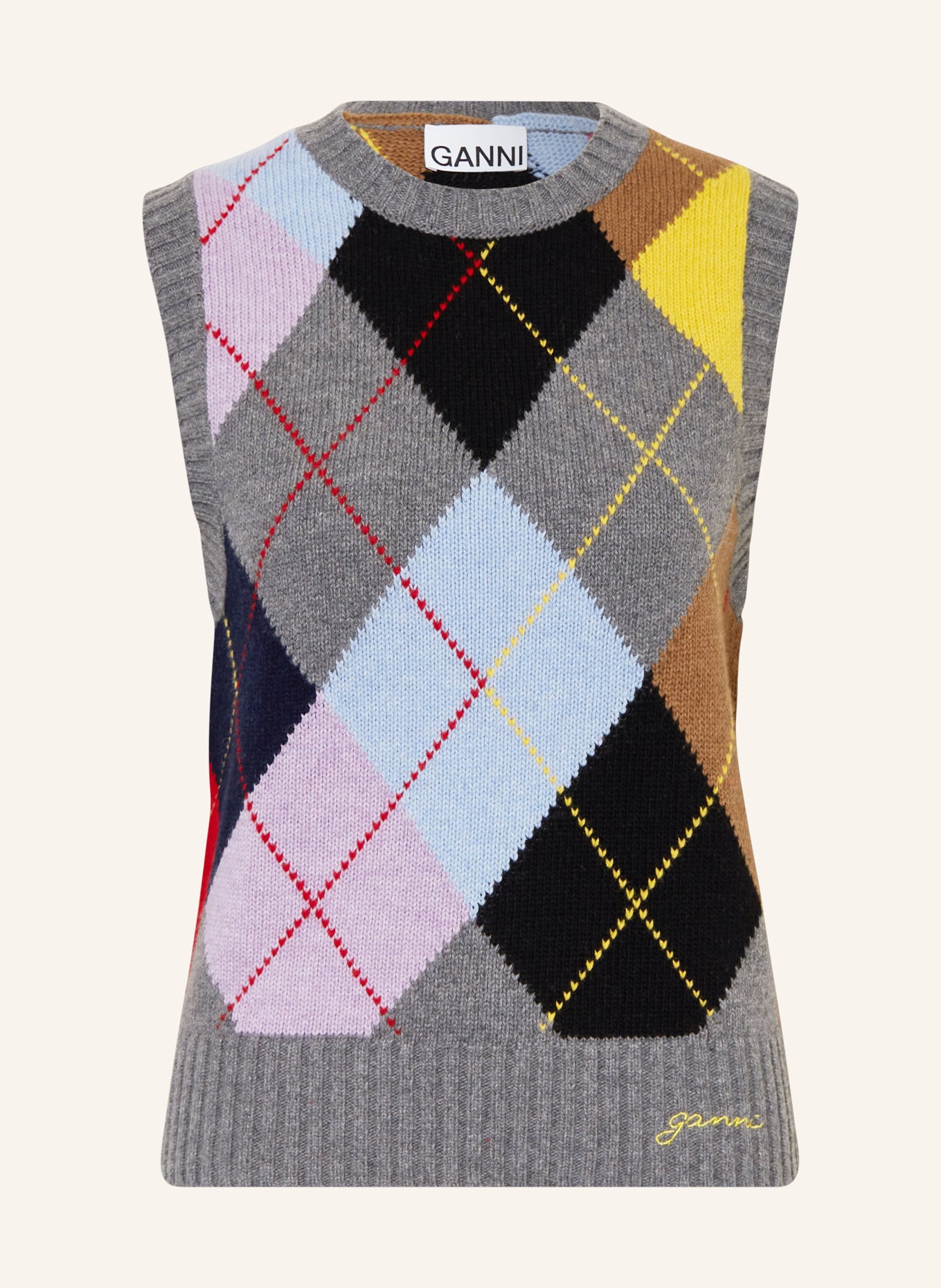 GANNI Sweater vest HARLEQUIN, Color: GRAY/ YELLOW/ BLACK (Image 1)