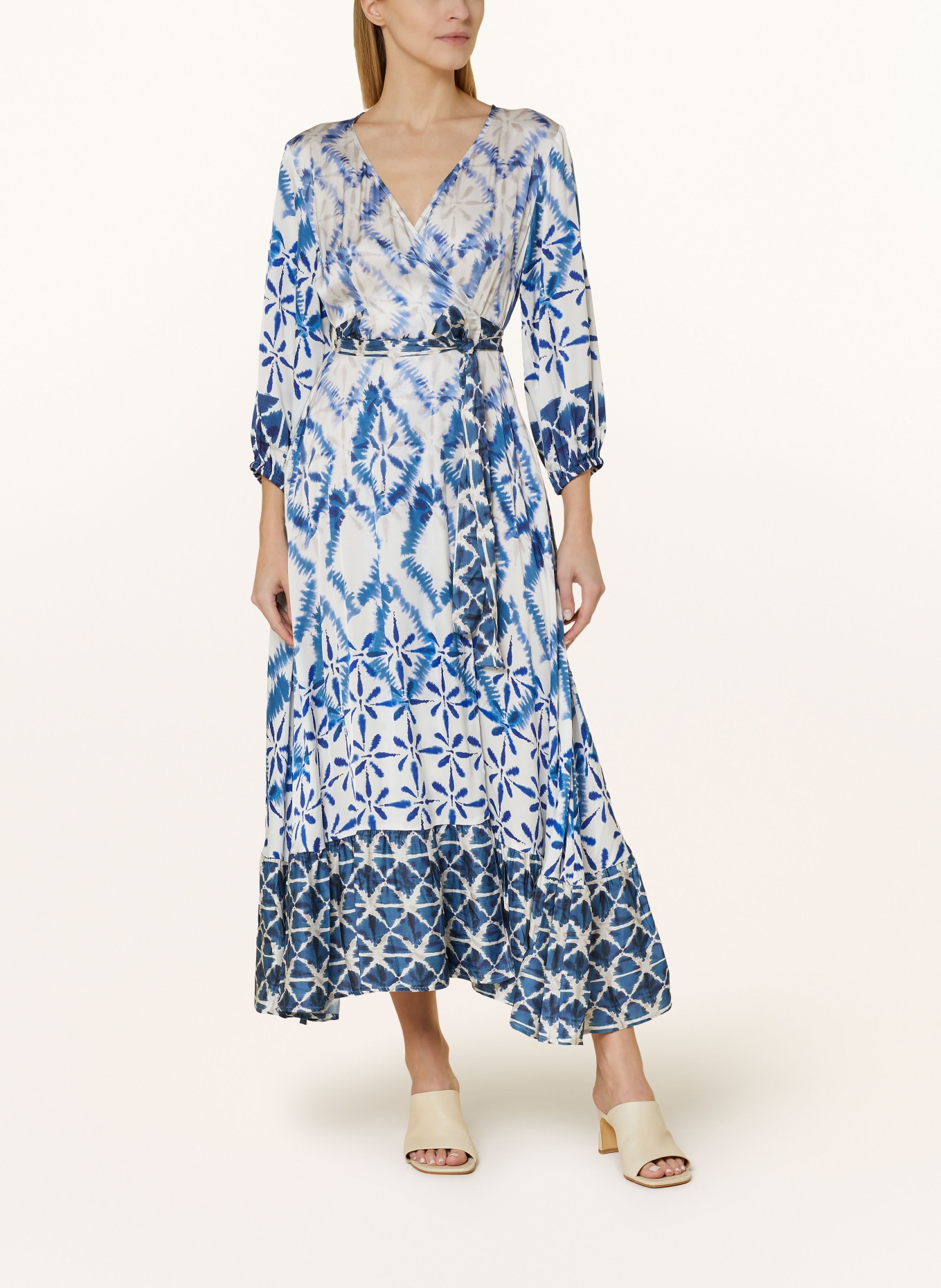 Grace Wrap dress in satin, Color: WHITE/ BLUE/ TAUPE (Image 2)