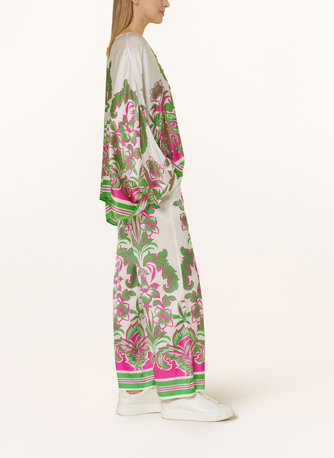 Grace Wide leg trousers with silk, Color: CREAM/ GREEN/ PINK (Image 4)