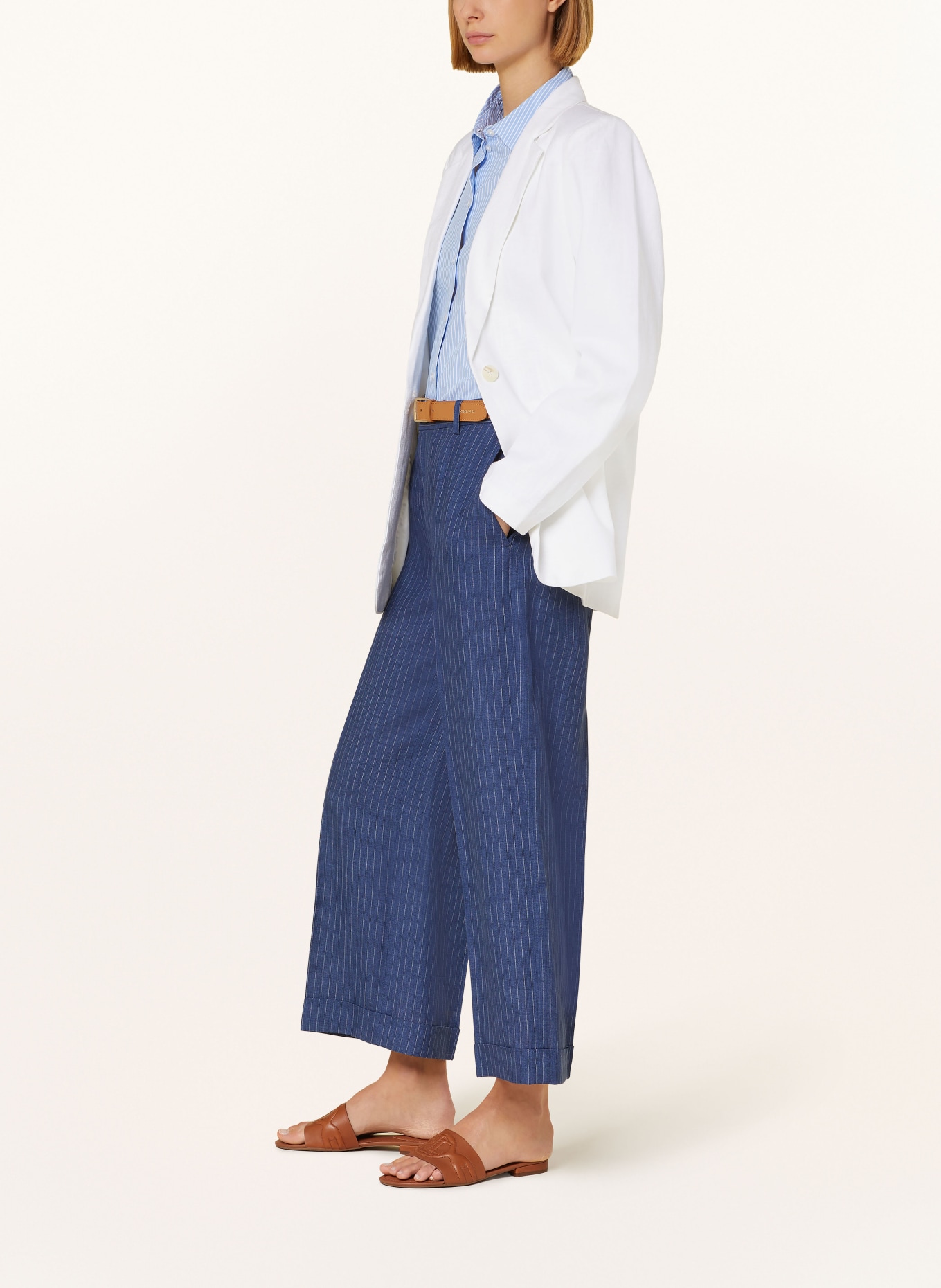 LAUREN RALPH LAUREN Lněné culotte kalhoty v džínovém vzhledu, Barva: TMAVĚ MODRÁ/ BÍLÁ (Obrázek 4)