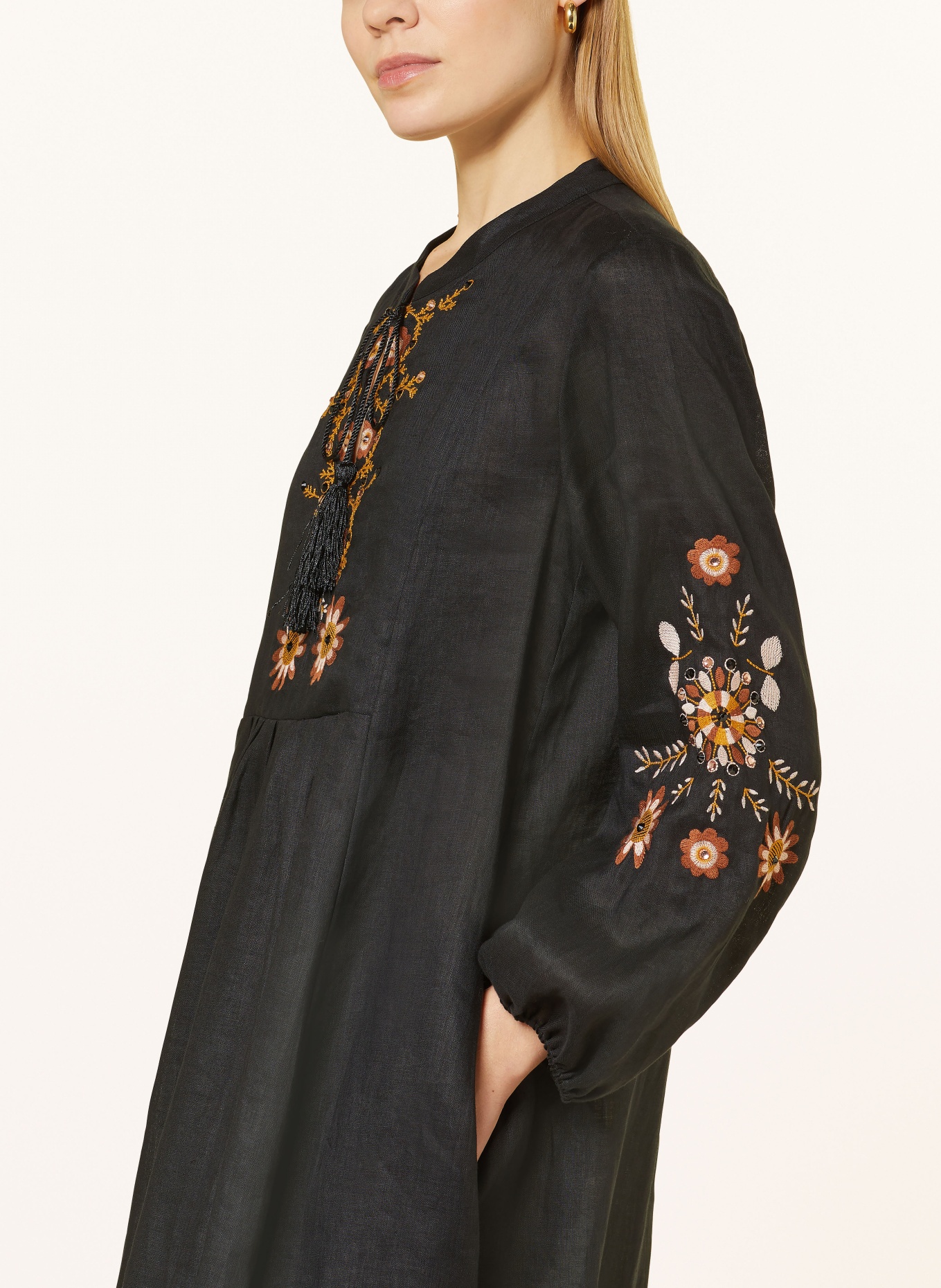 ELENA MIRO Sukienka z lnu z ozdobnymi kamykami, Kolor: CZARNY (Obrazek 4)