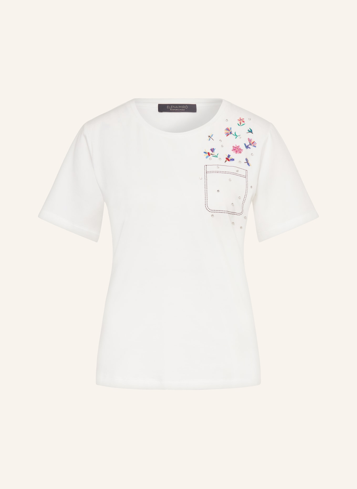 ELENA MIRO T-shirt z obszyciem ozdobnymi kamykami, Kolor: BIAŁY (Obrazek 1)