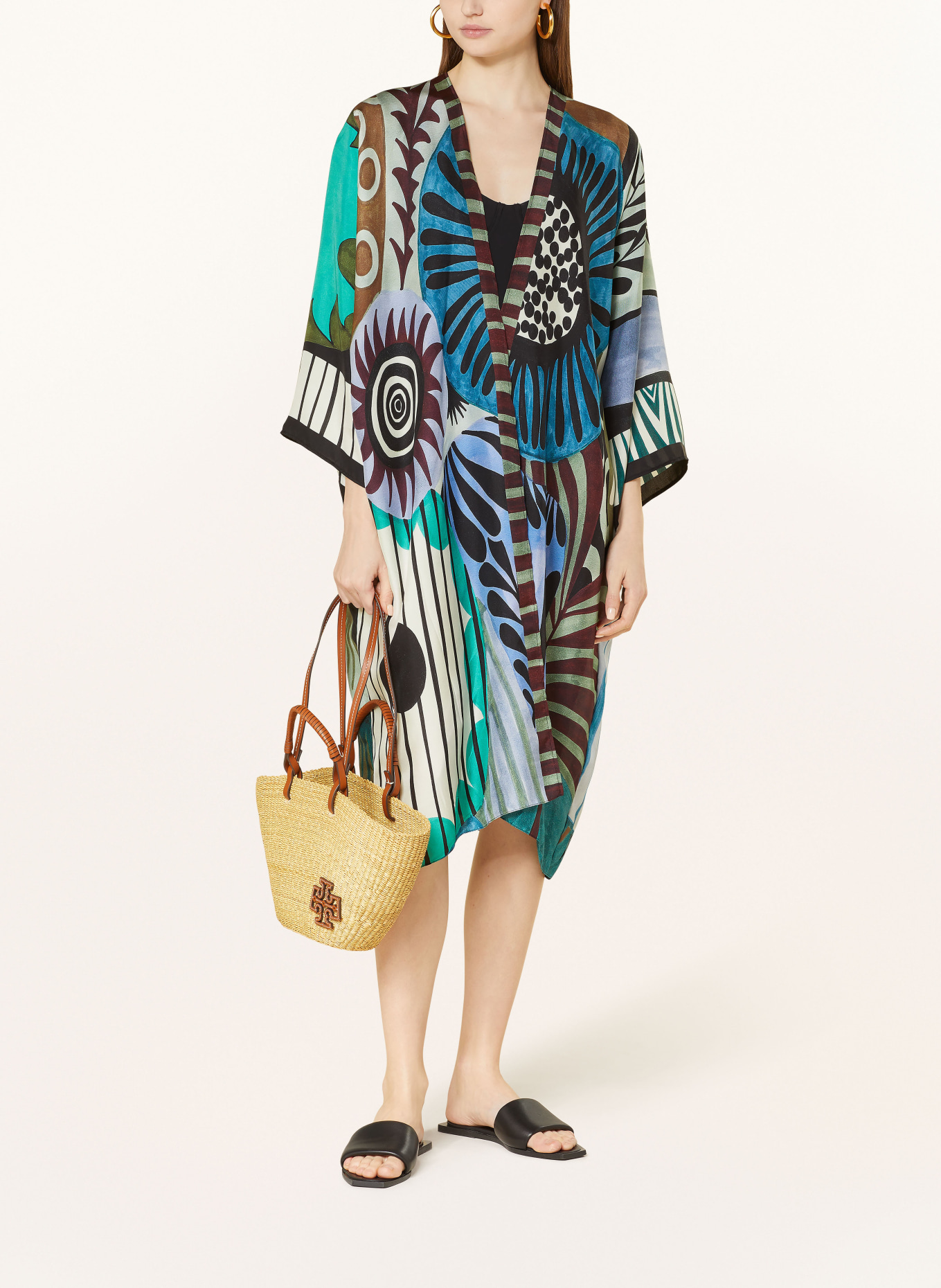 Barbieri Silk kimono with 3/4 sleeves, Color: BLUE/ GREEN/ ECRU (Image 2)