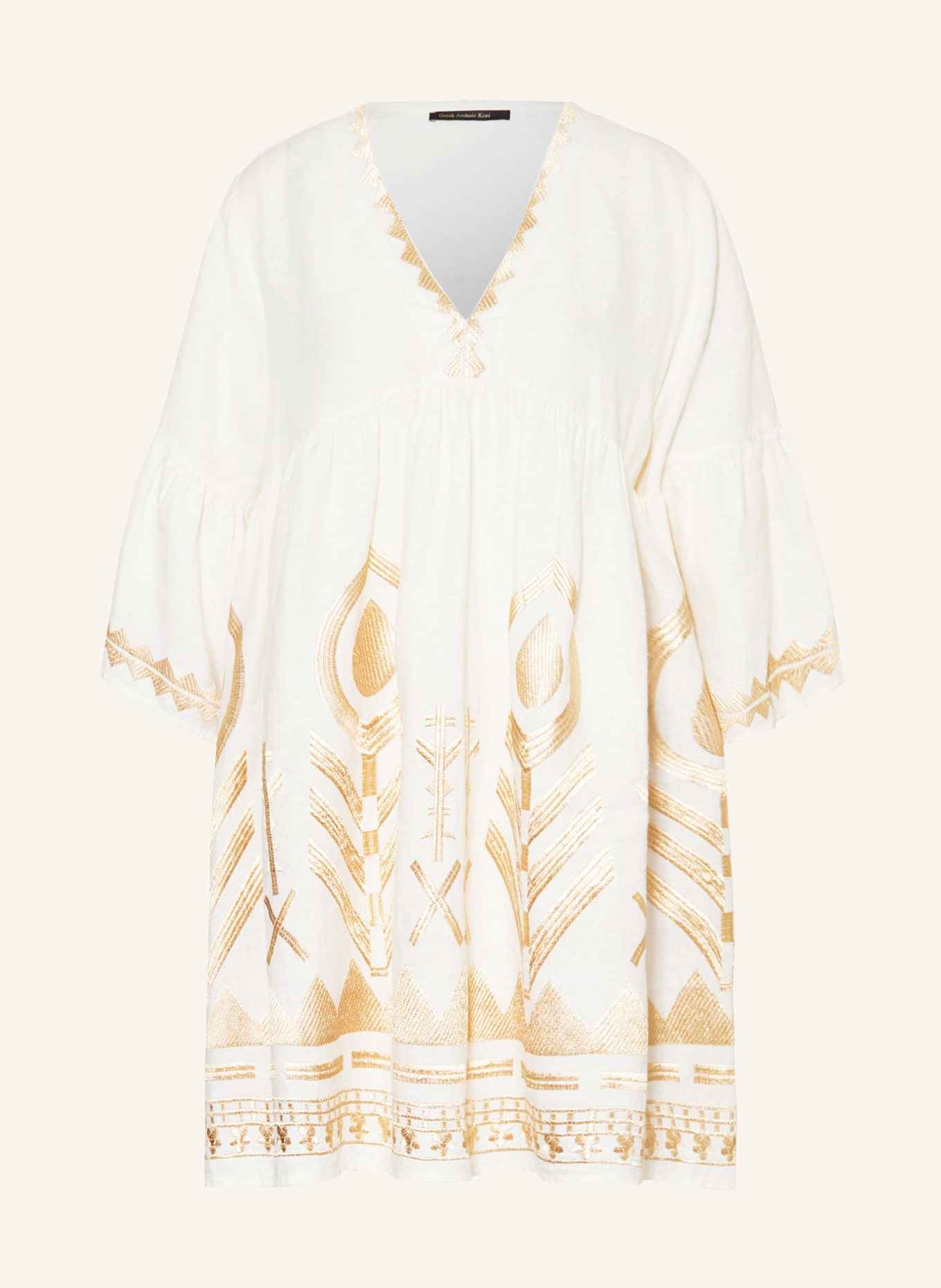 Greek Archaic Kori Beach dress FEATHER in linen with 3/4 sleeves, Color: ECRU/ GOLD (Image 1)