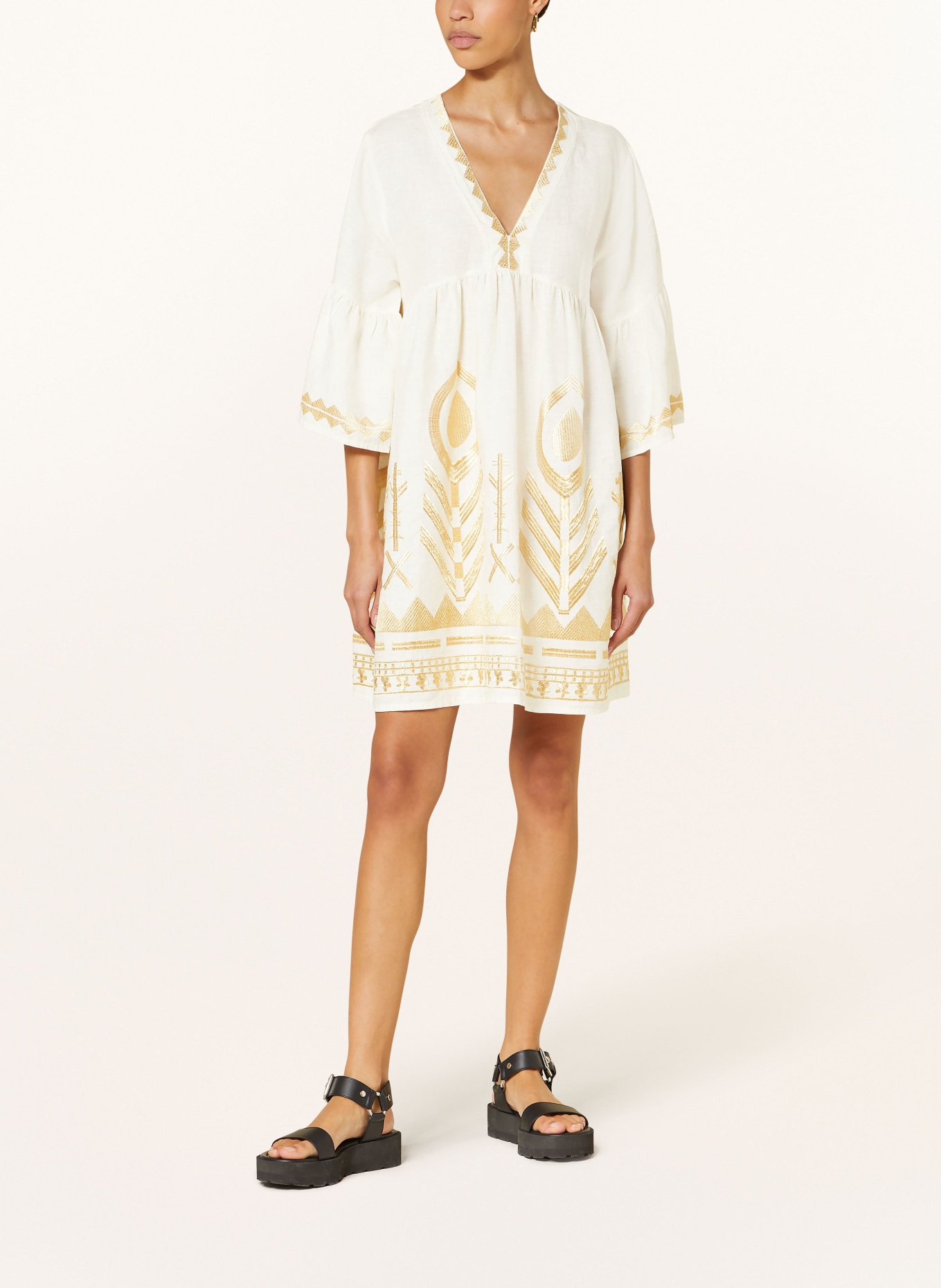 Greek Archaic Kori Beach dress FEATHER in linen with 3/4 sleeves, Color: ECRU/ GOLD (Image 2)