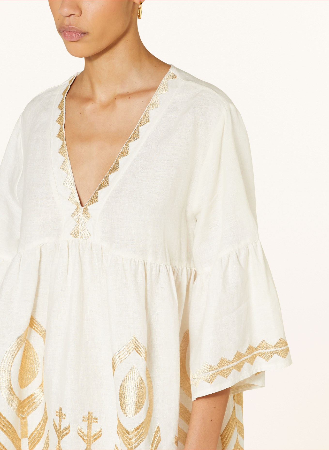 Greek Archaic Kori Beach dress FEATHER in linen with 3/4 sleeves, Color: ECRU/ GOLD (Image 4)