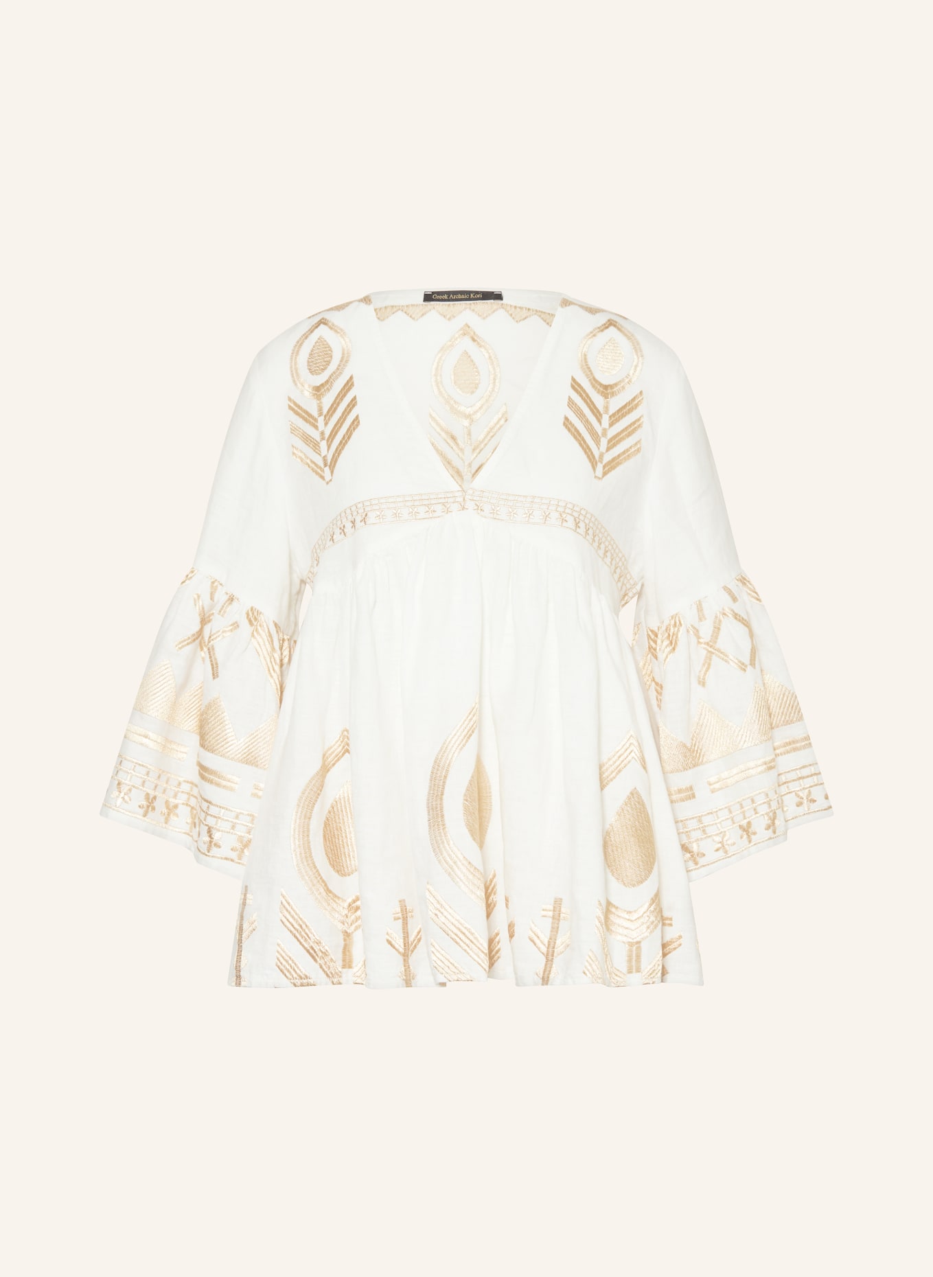 Greek Archaic Kori Shirt blouse FEATHER in linen with 3/4 sleeves, Color: WHITE/ GOLD (Image 1)