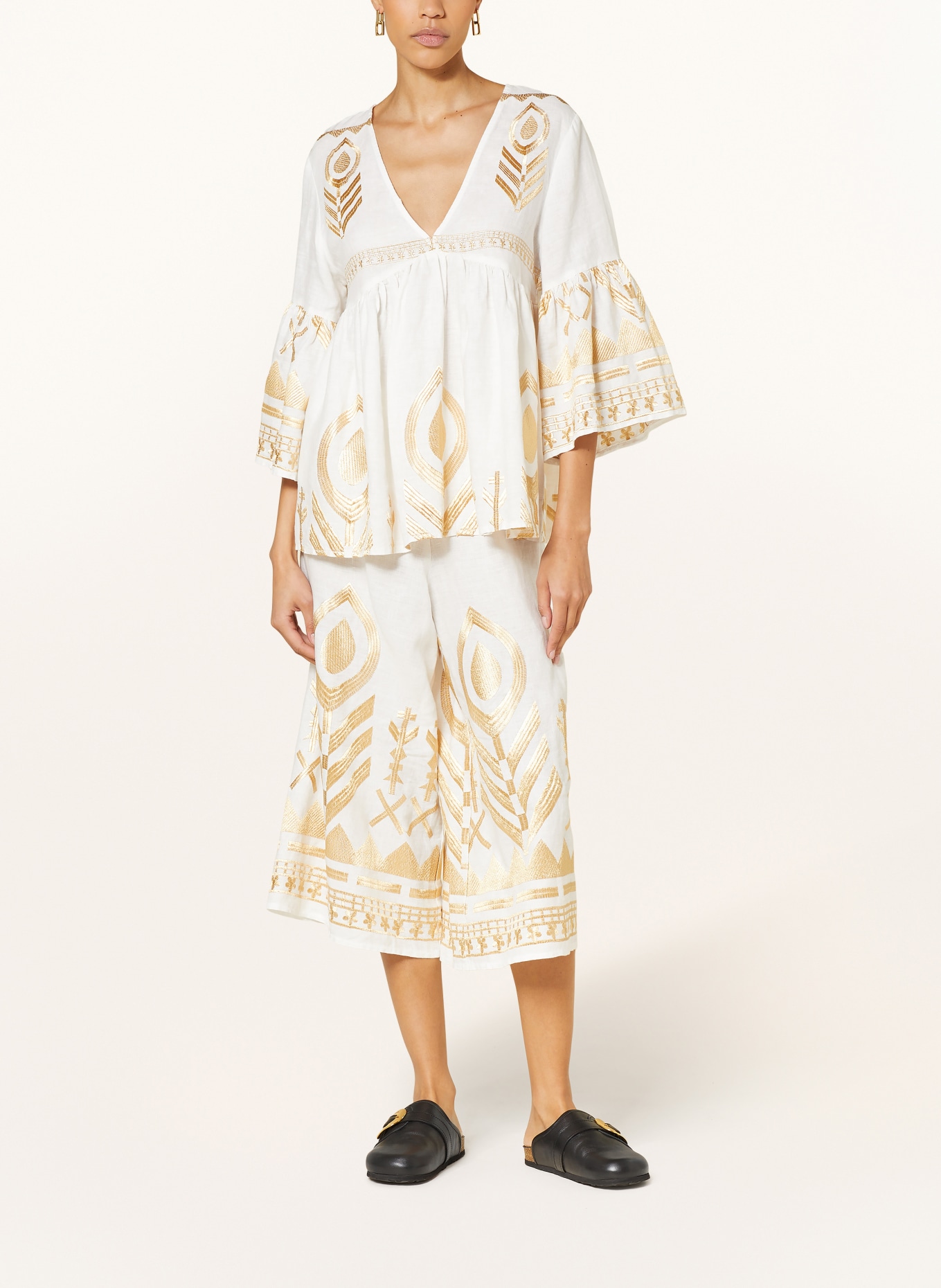 Greek Archaic Kori Shirt blouse FEATHER in linen with 3/4 sleeves, Color: WHITE/ GOLD (Image 2)