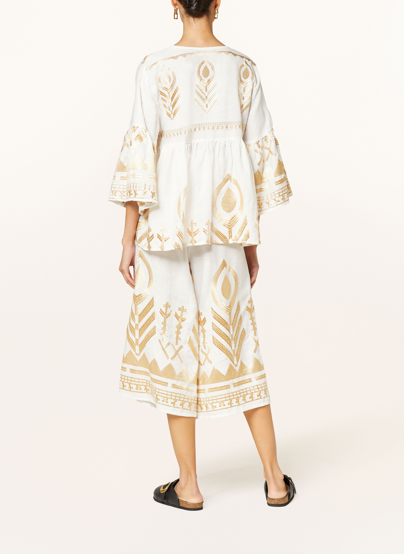 Greek Archaic Kori Shirt blouse FEATHER in linen with 3/4 sleeves, Color: WHITE/ GOLD (Image 3)