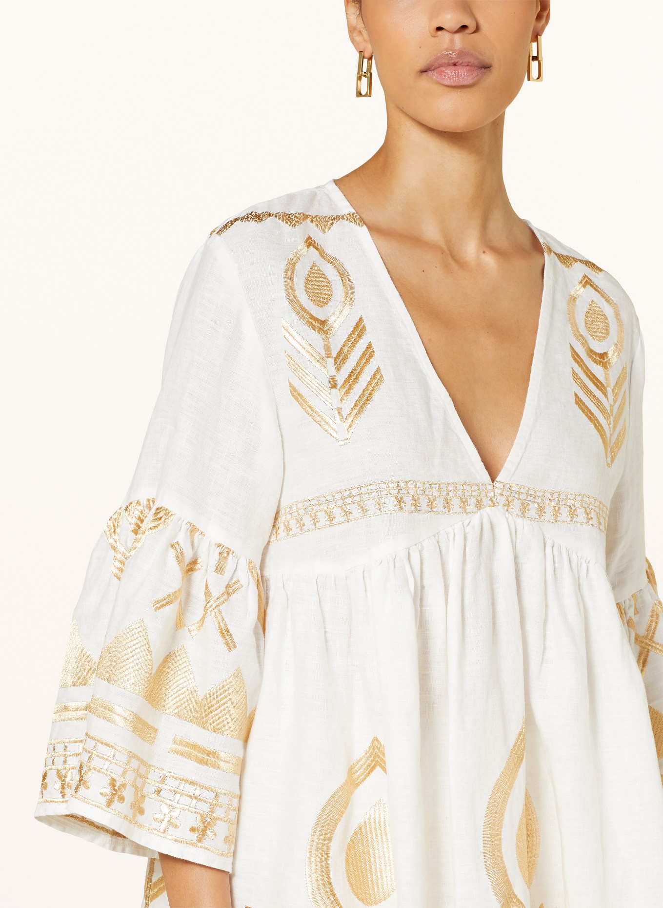 Greek Archaic Kori Shirt blouse FEATHER in linen with 3/4 sleeves, Color: WHITE/ GOLD (Image 4)