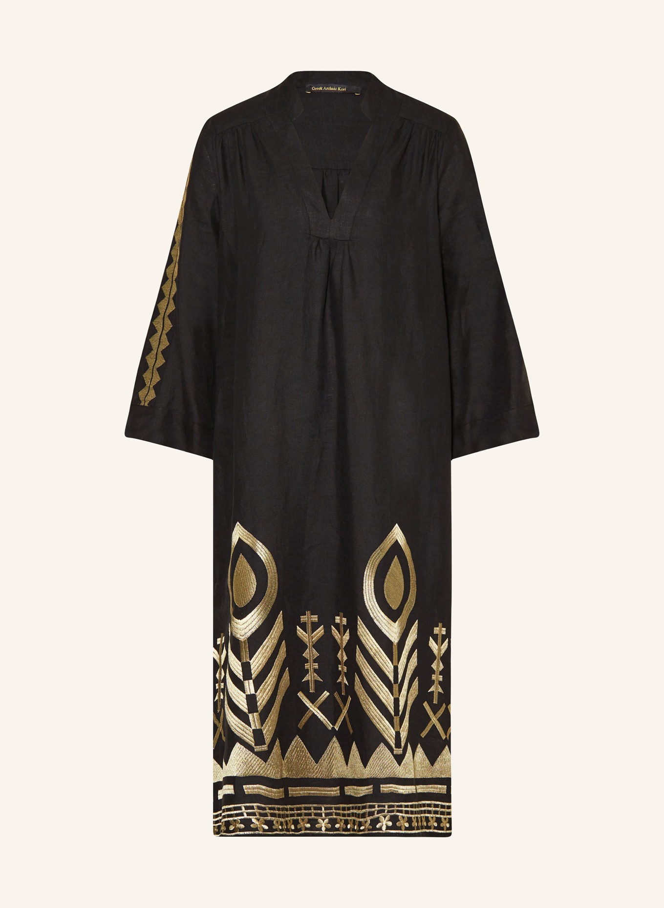 Greek Archaic Kori Beach dress FEATHER in linen with 3/4 sleeves, Color: BLACK/ GOLD (Image 1)