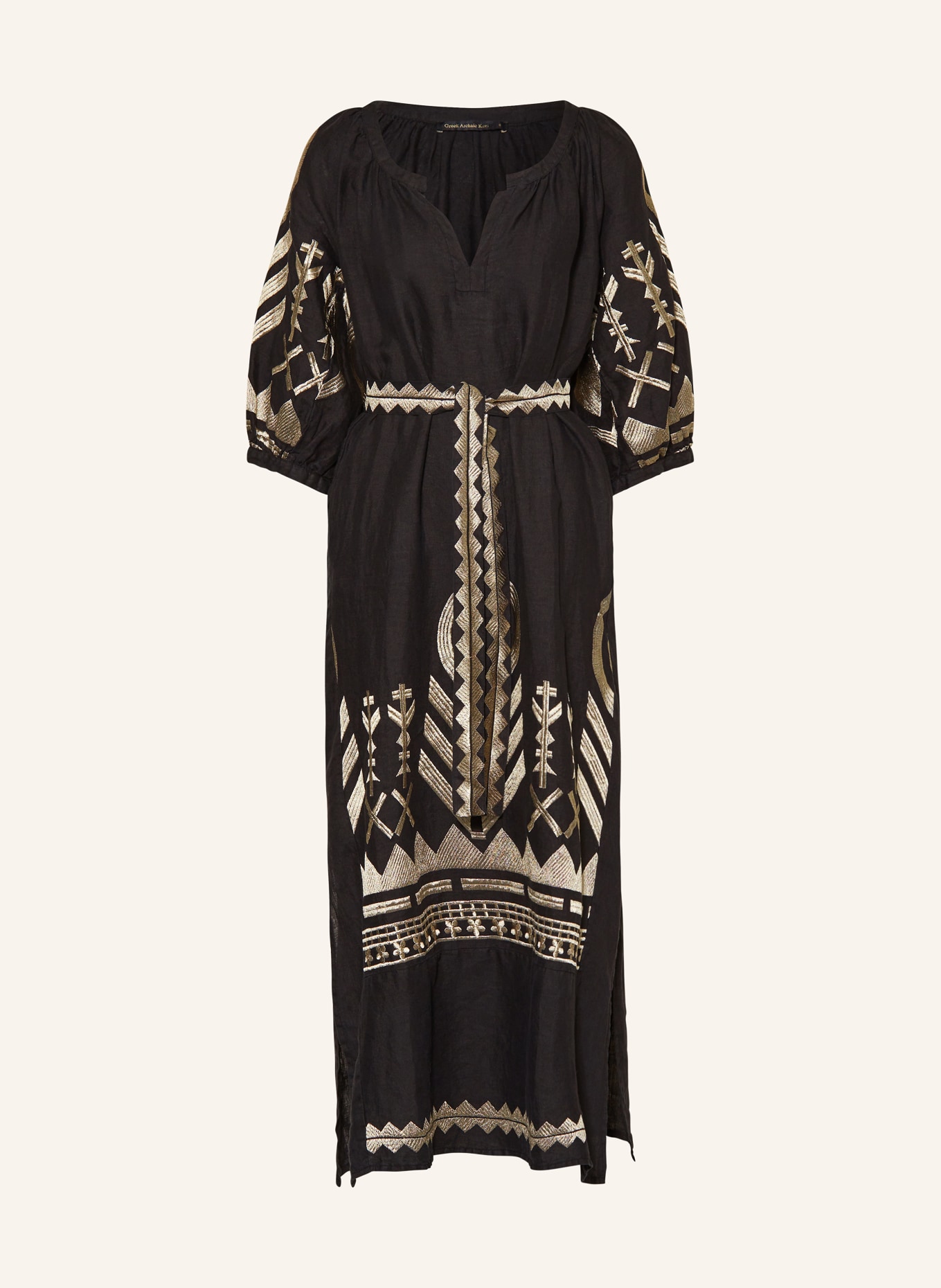 Greek Archaic Kori Beach dress FEATHER in linen with 3/4 sleeves, Color: BLACK/ GOLD (Image 1)