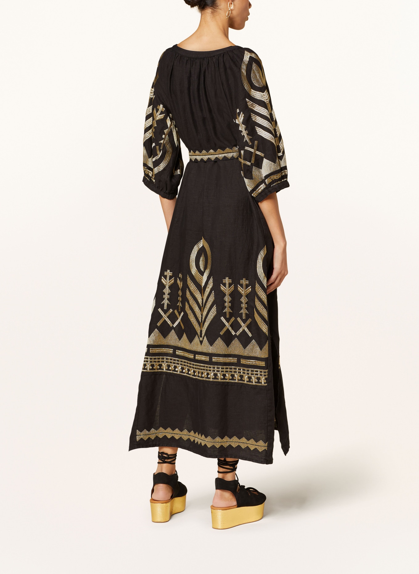 Greek Archaic Kori Beach dress FEATHER in linen with 3/4 sleeves, Color: BLACK/ GOLD (Image 3)