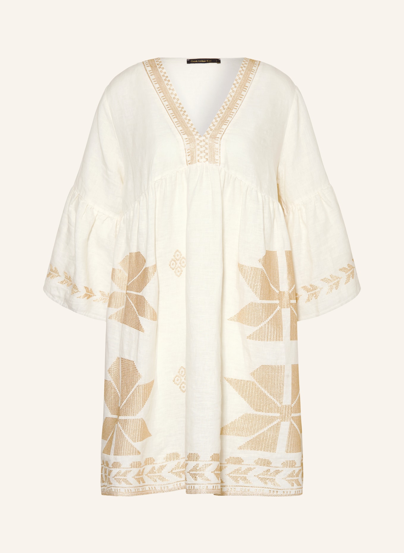 Greek Archaic Kori Beach dress AEOLIS in linen with 3/4 sleeves, Color: ECRU/ GOLD (Image 1)