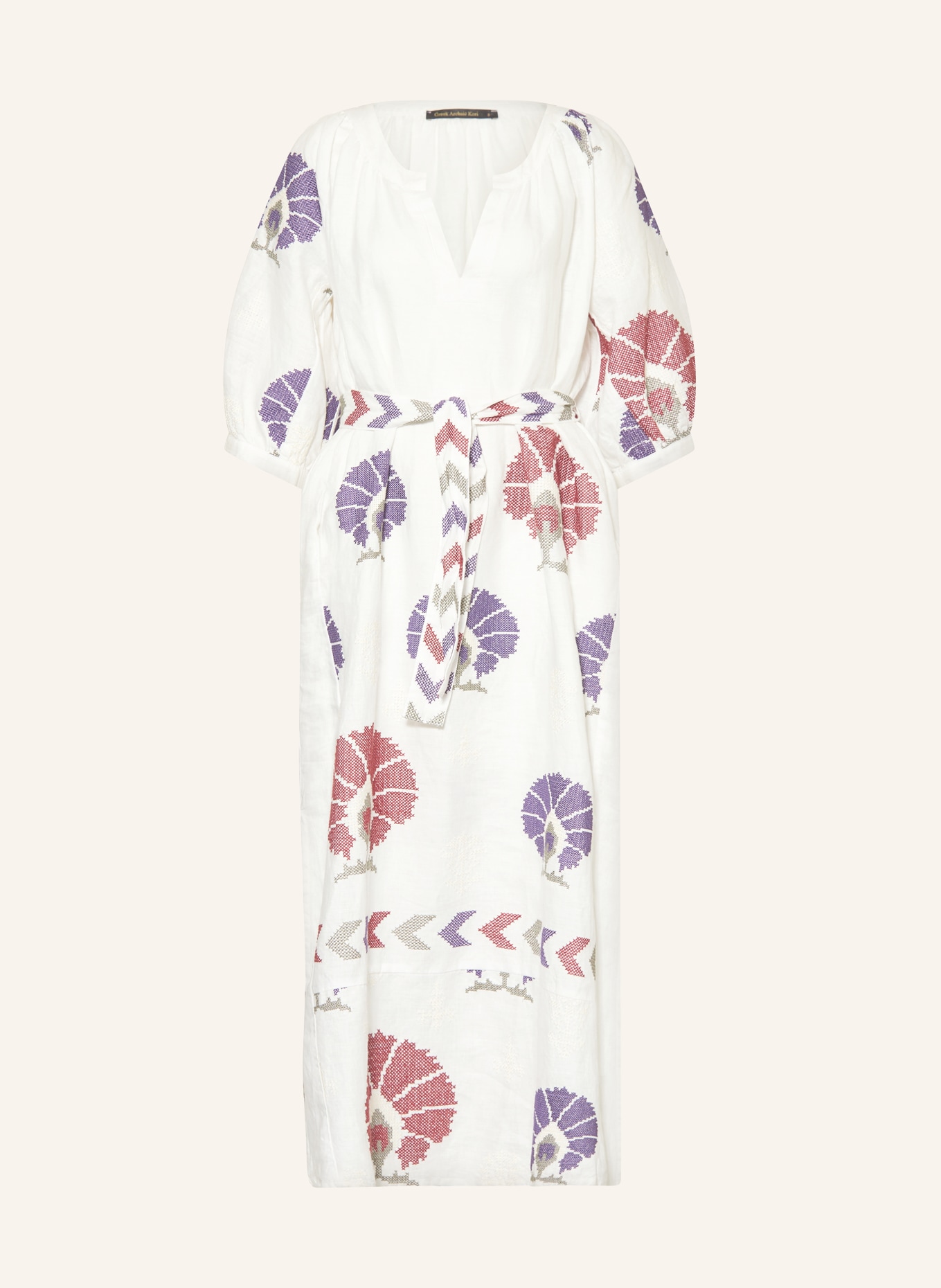 Greek Archaic Kori Beach dress MINI PEACOCKS in linen with 3 4 sleeves