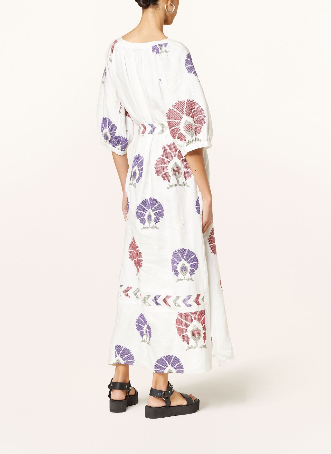Greek Archaic Kori Beach dress MINI PEACOCKS in linen with 3 4 sleeves