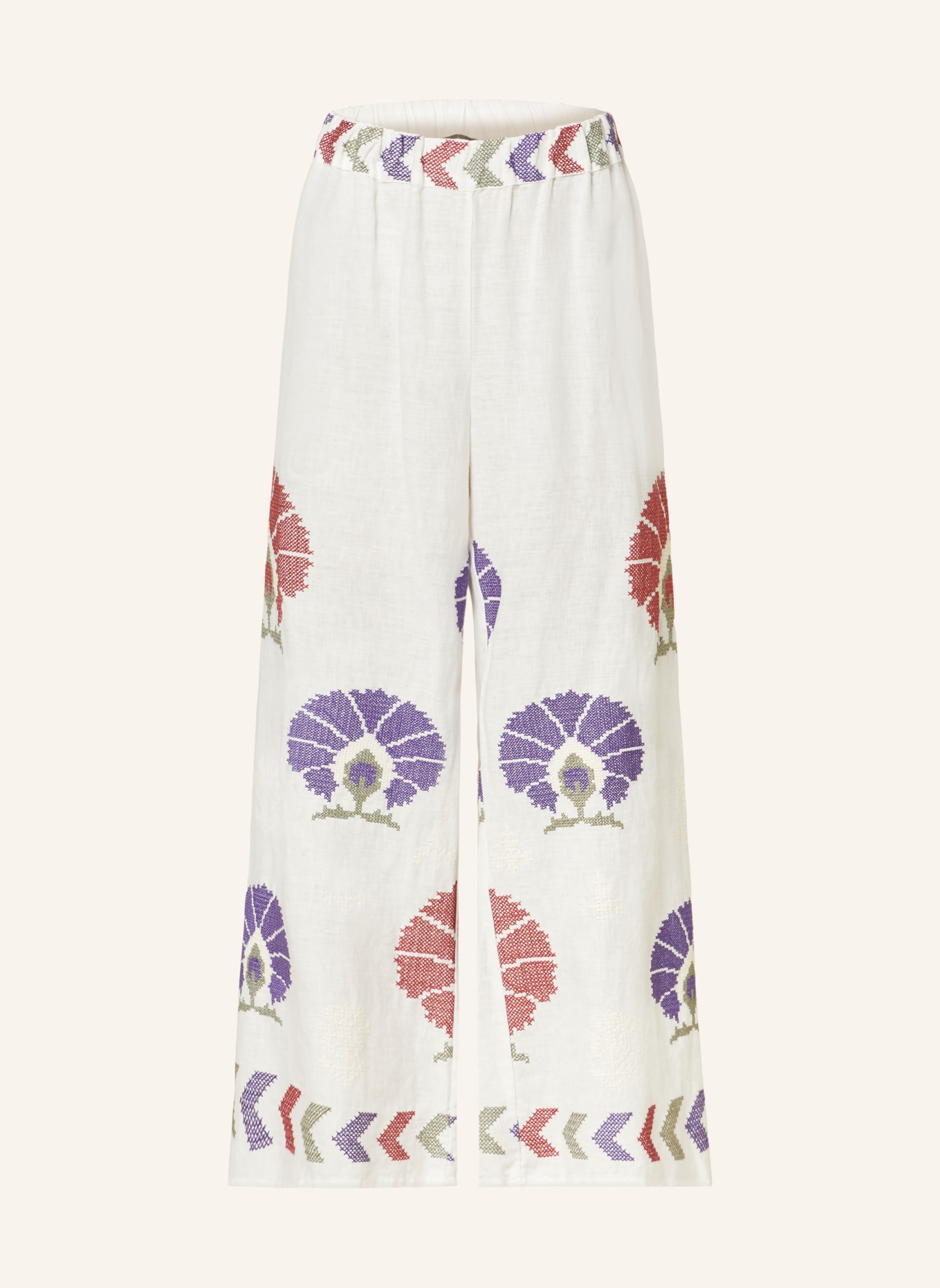 Greek Archaic Kori Linen trousers MINI PEACOCKS, Color: WHITE/ PURPLE/ DARK RED (Image 1)