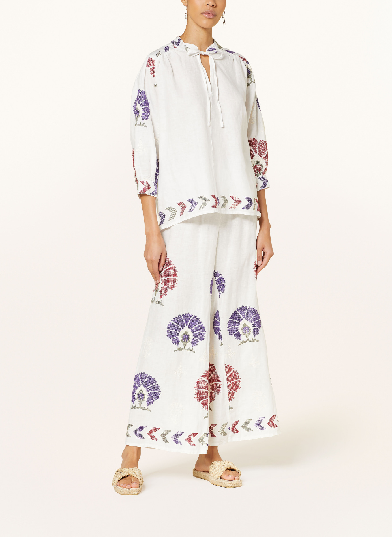 Greek Archaic Kori Linen trousers MINI PEACOCKS, Color: WHITE/ PURPLE/ DARK RED (Image 2)