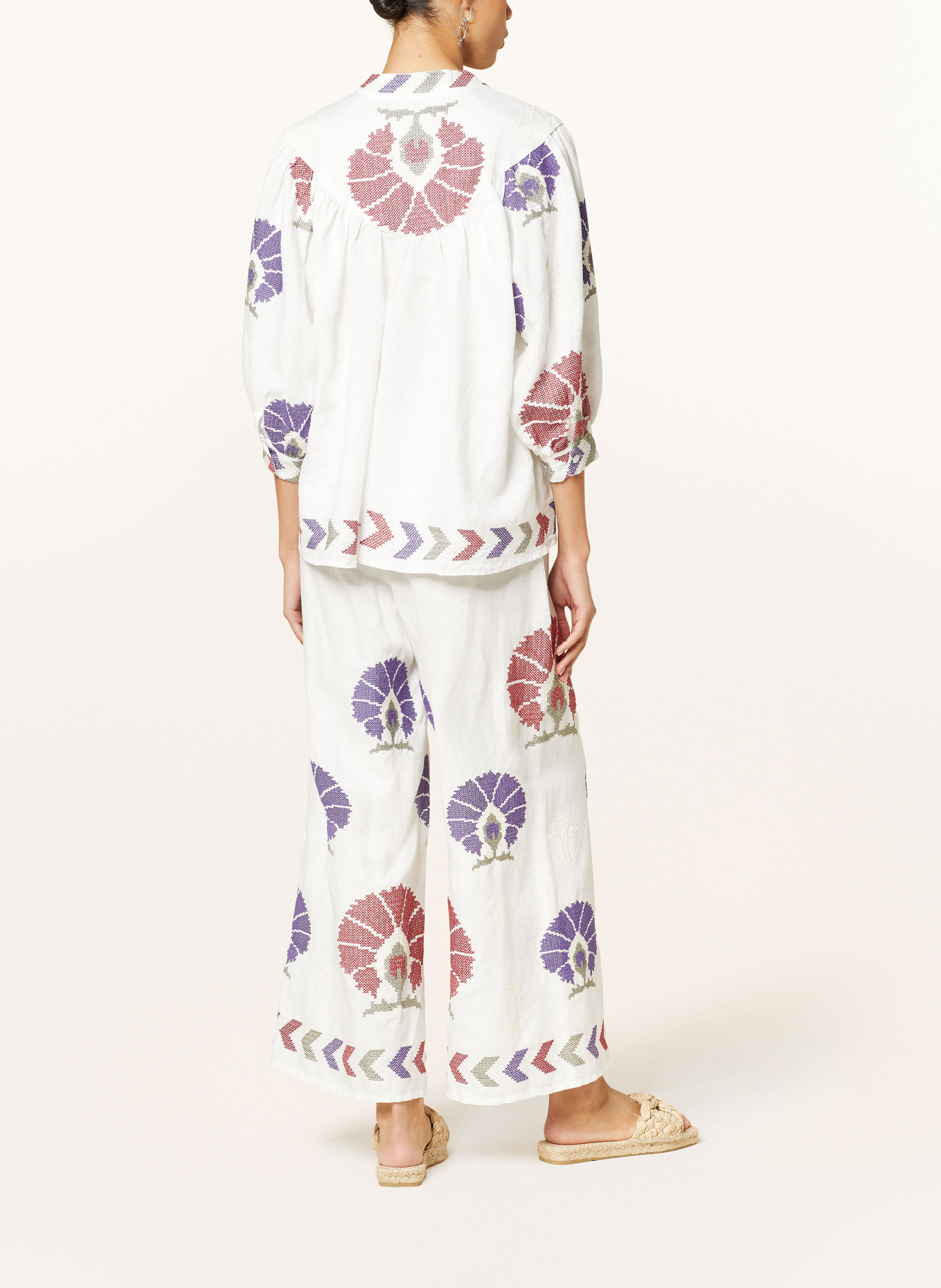 Greek Archaic Kori Linen trousers MINI PEACOCKS, Color: WHITE/ PURPLE/ DARK RED (Image 3)