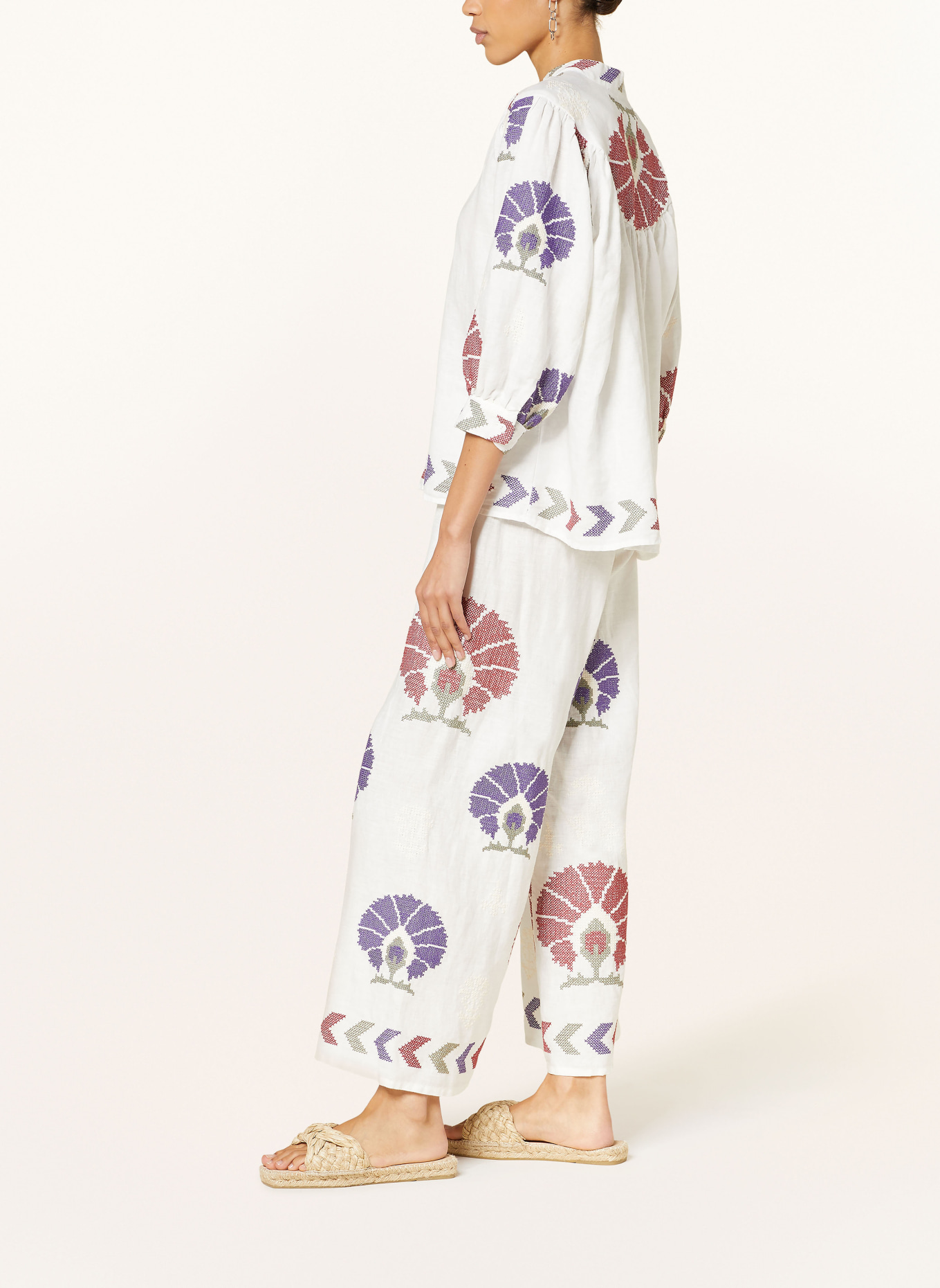 Greek Archaic Kori Linen trousers MINI PEACOCKS, Color: WHITE/ PURPLE/ DARK RED (Image 4)