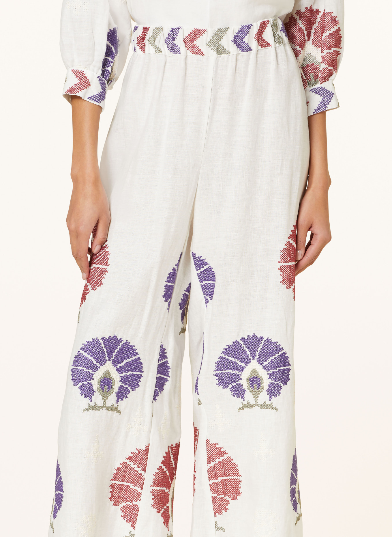 Greek Archaic Kori Linen trousers MINI PEACOCKS, Color: WHITE/ PURPLE/ DARK RED (Image 5)