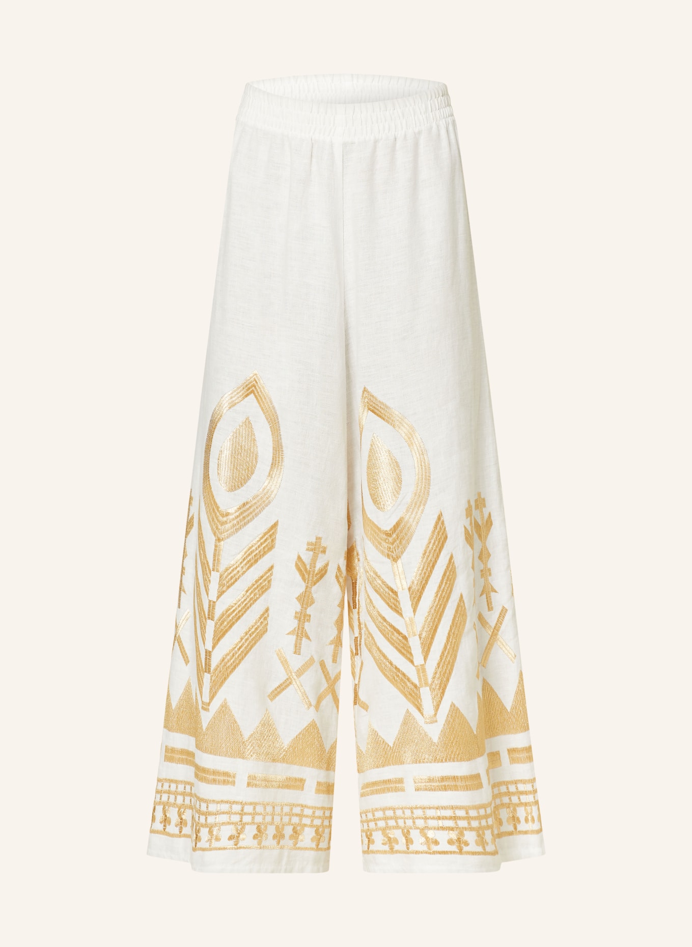 Greek Archaic Kori Linen culottes FEATHER, Color: WHITE/ GOLD (Image 1)