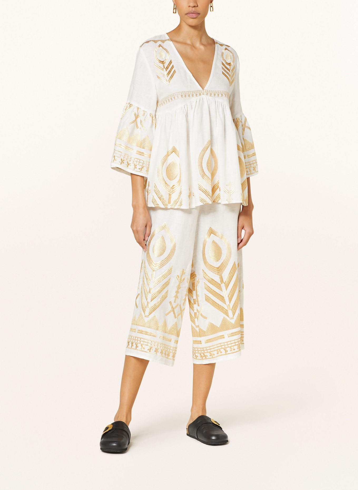 Greek Archaic Kori Linen culottes FEATHER, Color: WHITE/ GOLD (Image 2)