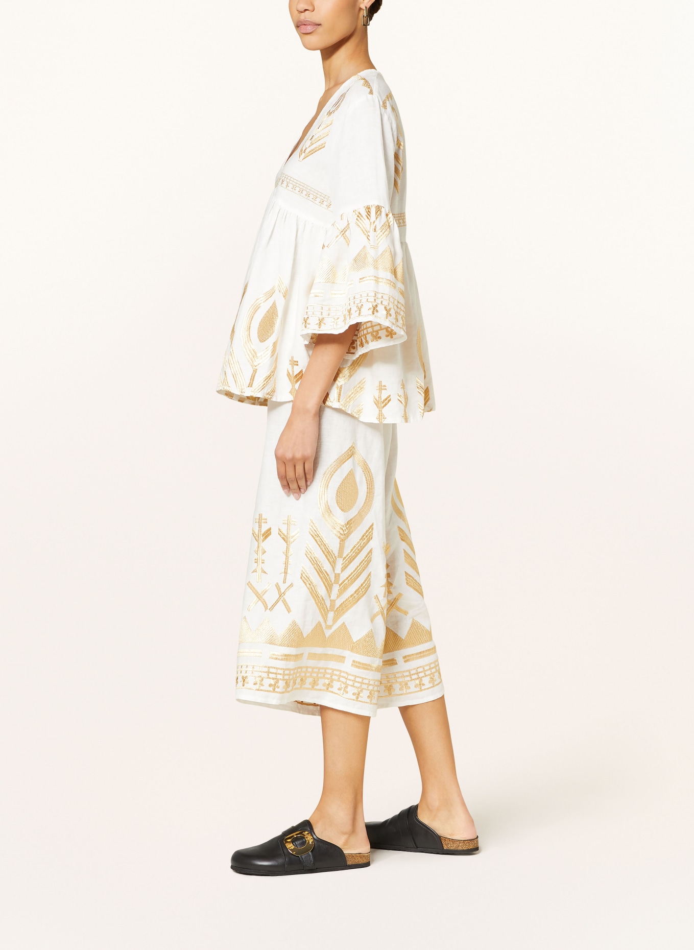 Greek Archaic Kori Linen culottes FEATHER, Color: WHITE/ GOLD (Image 4)