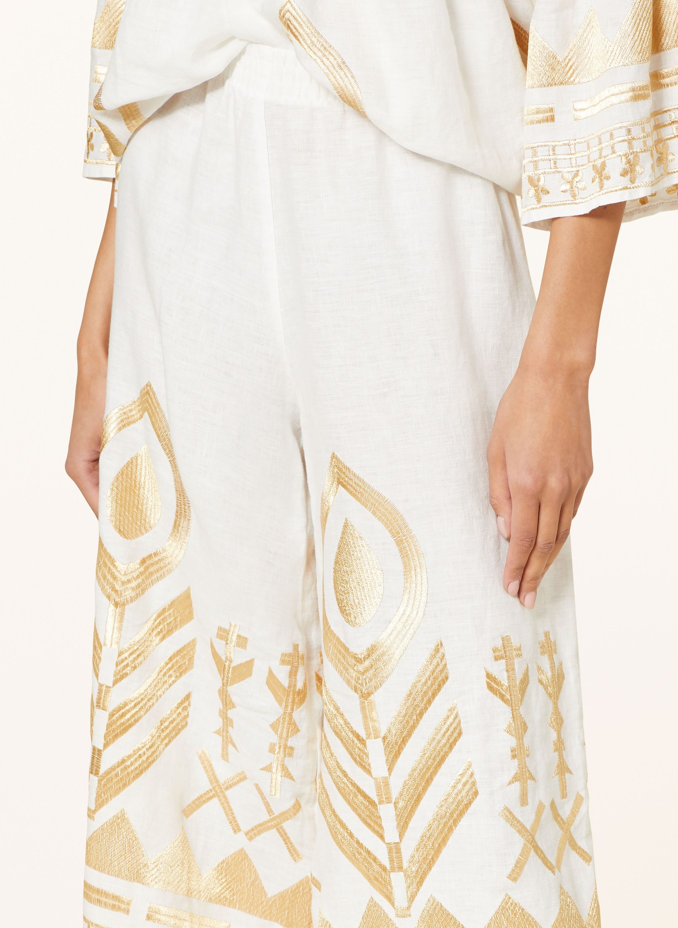 Greek Archaic Kori Linen culottes FEATHER, Color: WHITE/ GOLD (Image 5)