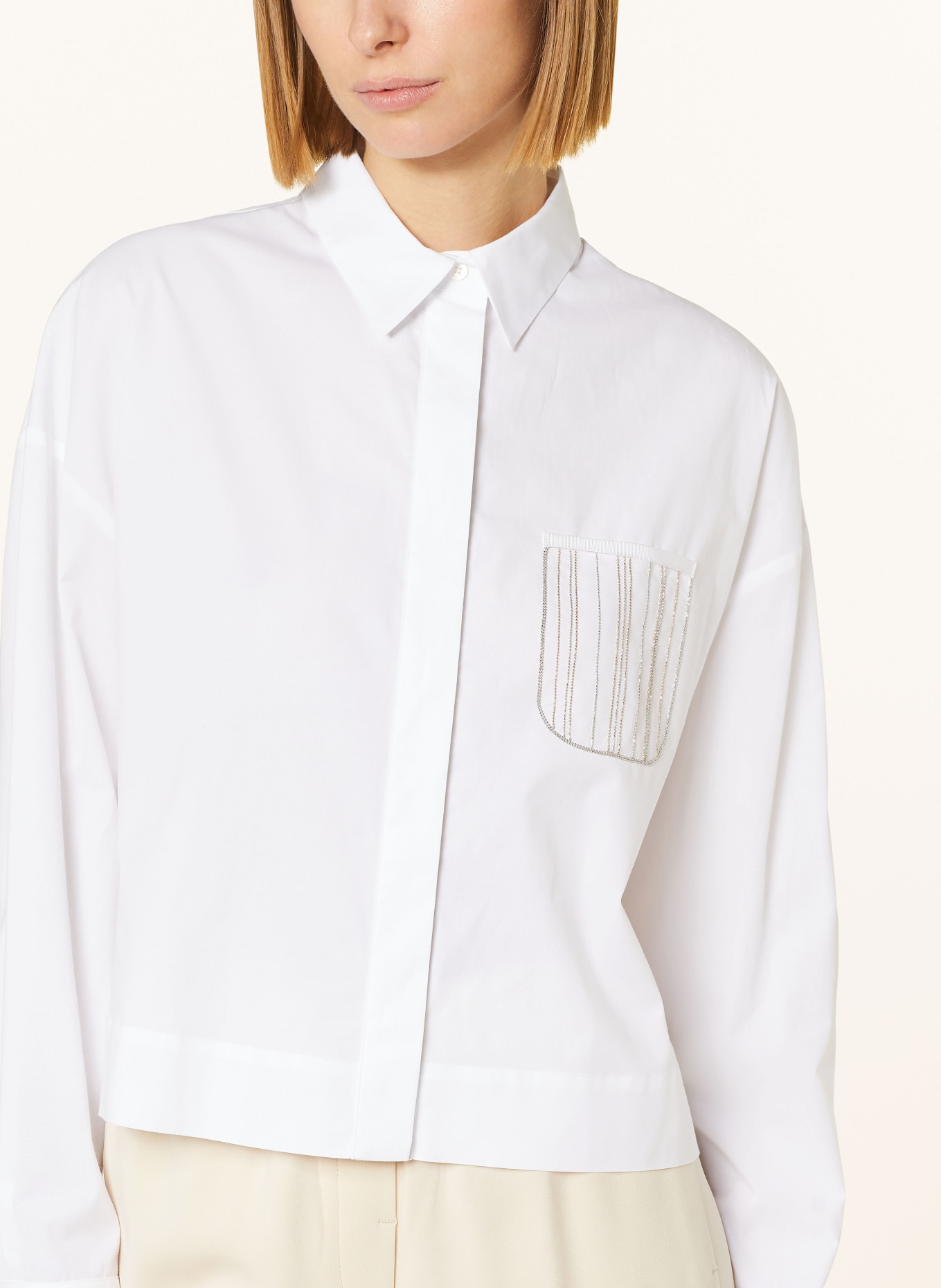 PESERICO Cropped shirt blouse with decorative gems, Color: WHITE (Image 4)