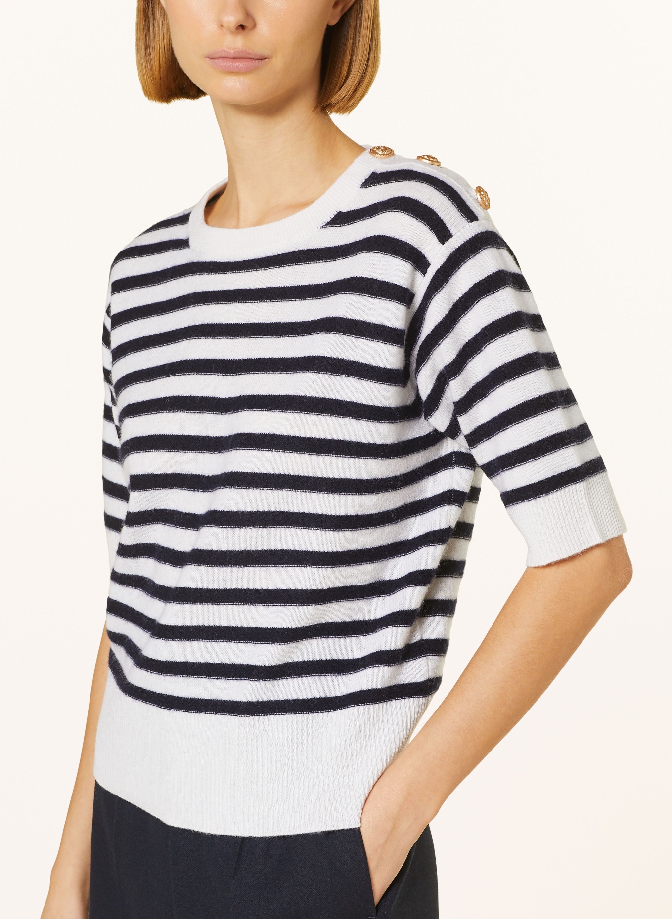 ALLUDE Knit shirt with cashmere, Color: CREAM/ DARK BLUE (Image 4)