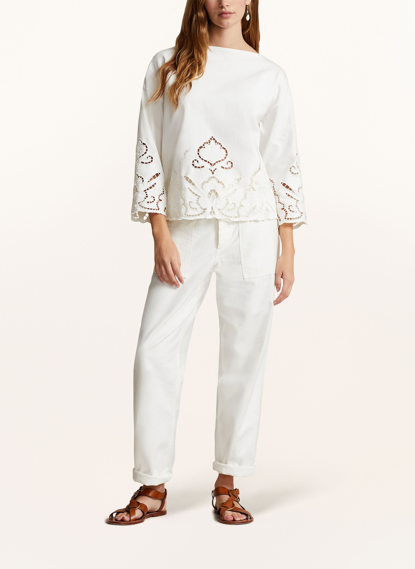 POLO RALPH LAUREN Shirt blouse with broderie anglaise and 3/4 sleeves, Color: WHITE (Image 2)