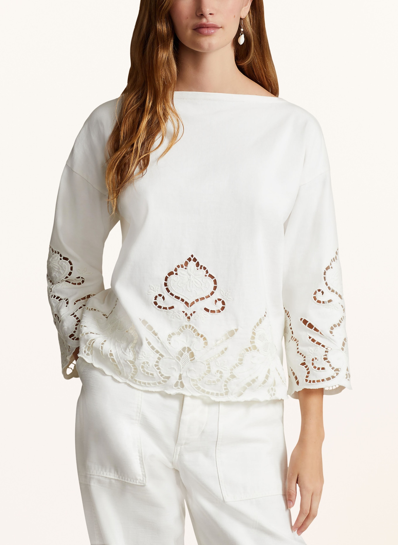 POLO RALPH LAUREN Shirt blouse with broderie anglaise and 3/4 sleeves, Color: WHITE (Image 4)