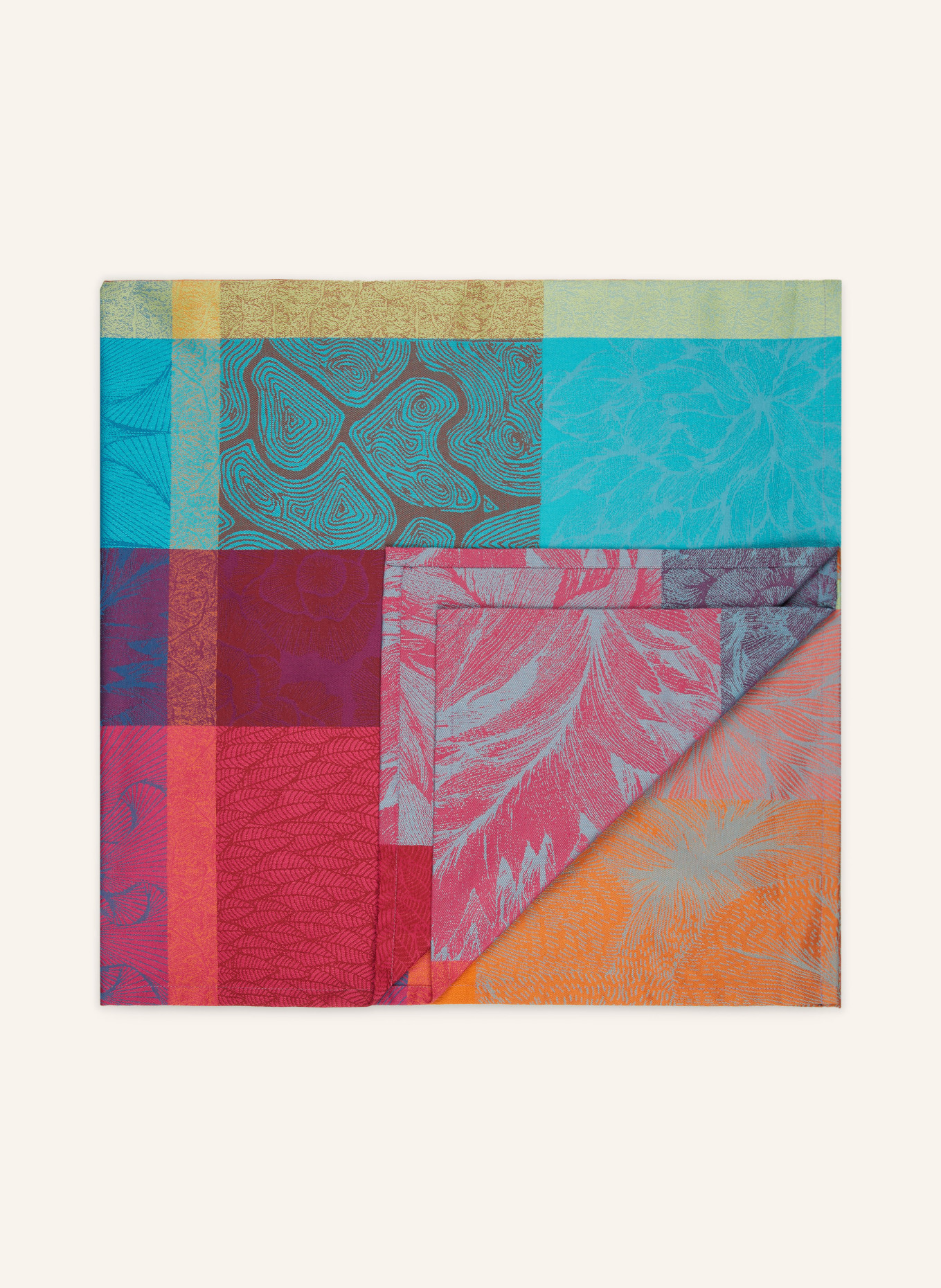 GARNIER-THIEBAUT Table cloth MILLE PETALES FLORALIES, Color: TEAL/ DARK RED/ ORANGE (Image 1)