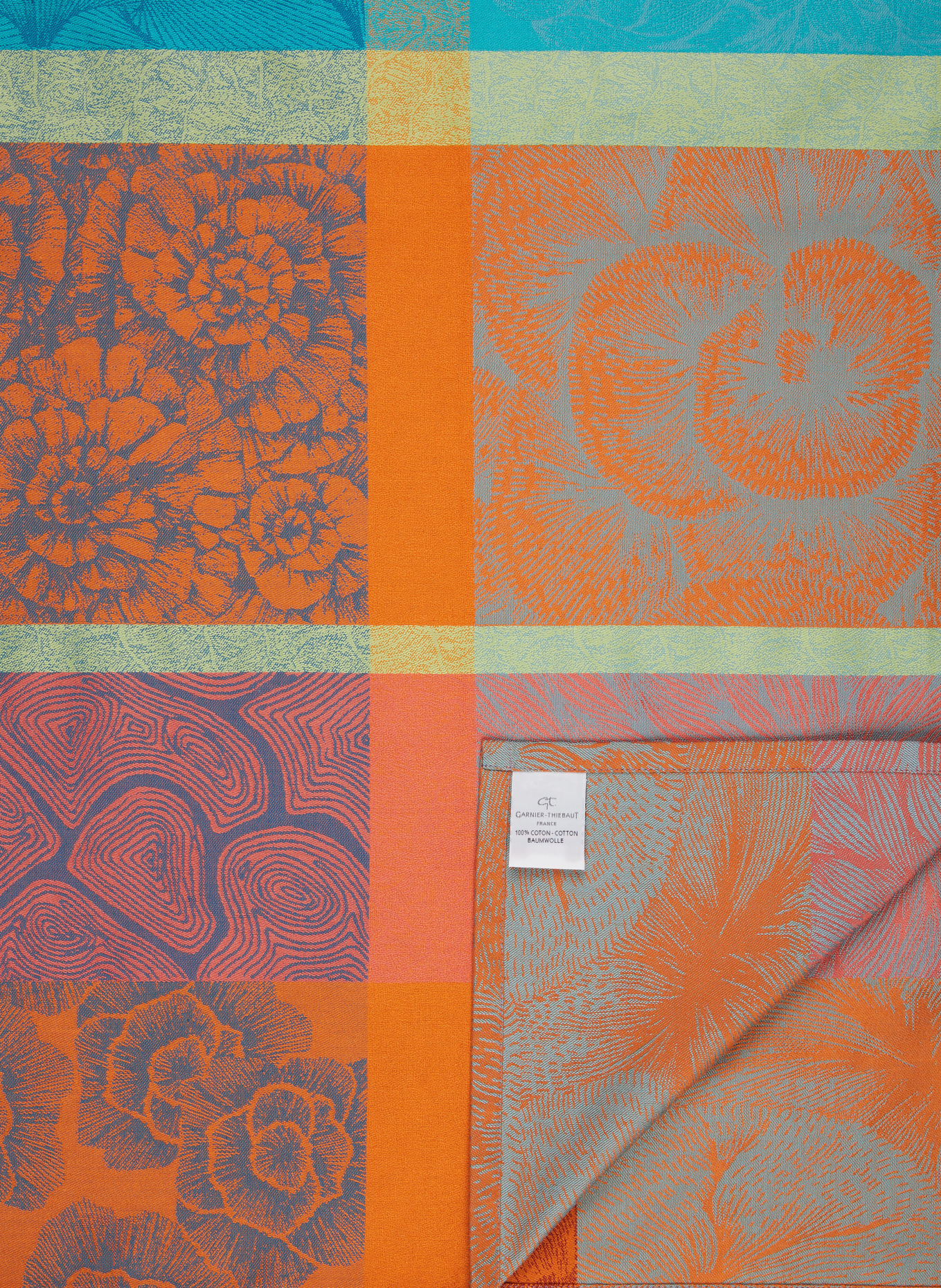 GARNIER-THIEBAUT Table cloth MILLE PETALES FLORALIES, Color: TEAL/ DARK RED/ ORANGE (Image 2)