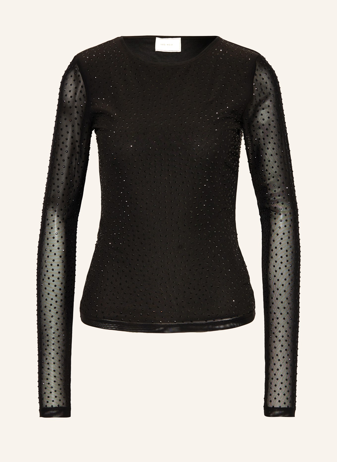 NEO NOIR Long sleeve shirt BASIRA in mesh with decorative gems, Color: BLACK (Image 1)