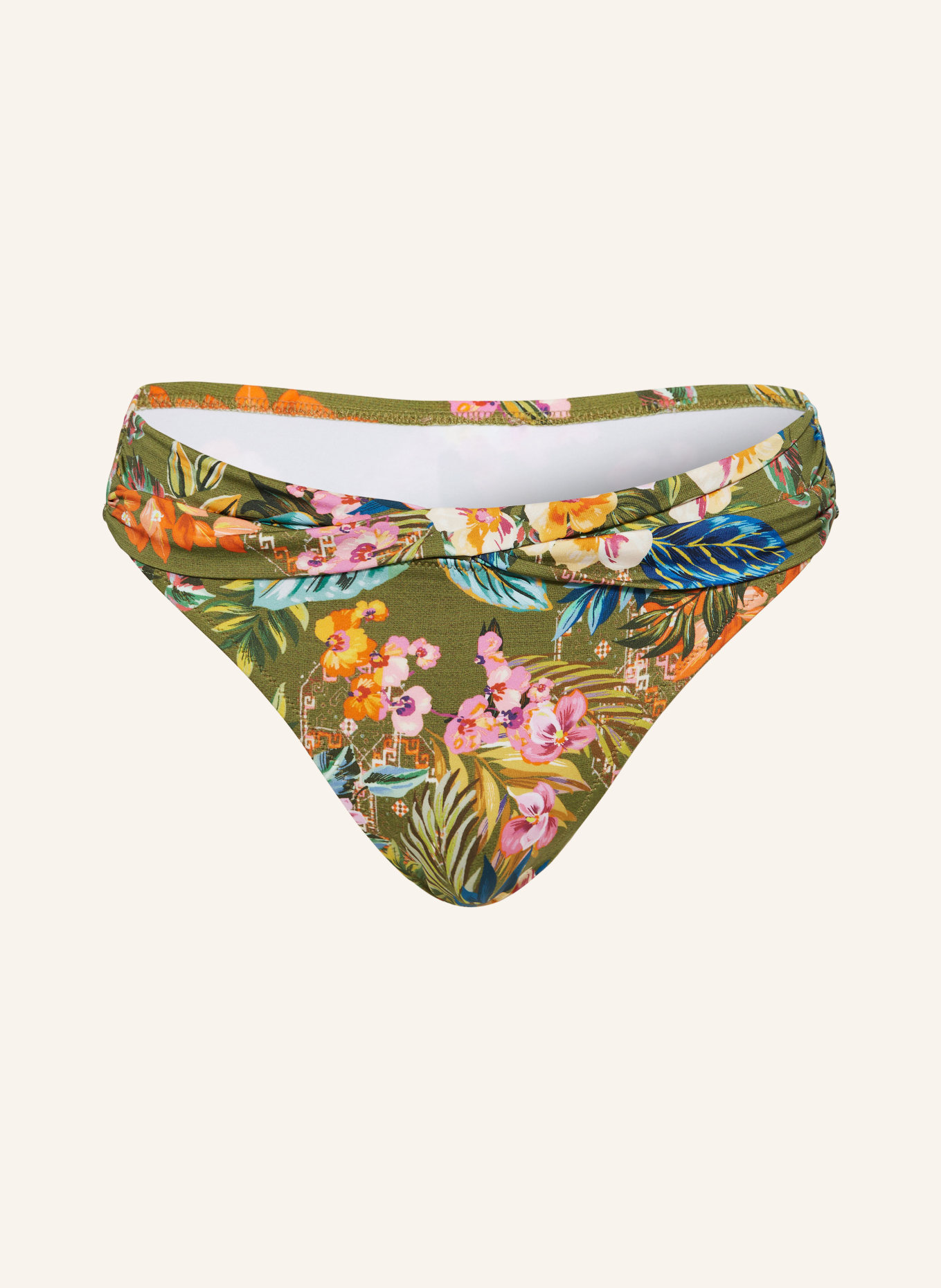 watercult Basic bikini bottoms SUNSET FLORALS, Color: OLIVE/ ORANGE (Image 1)