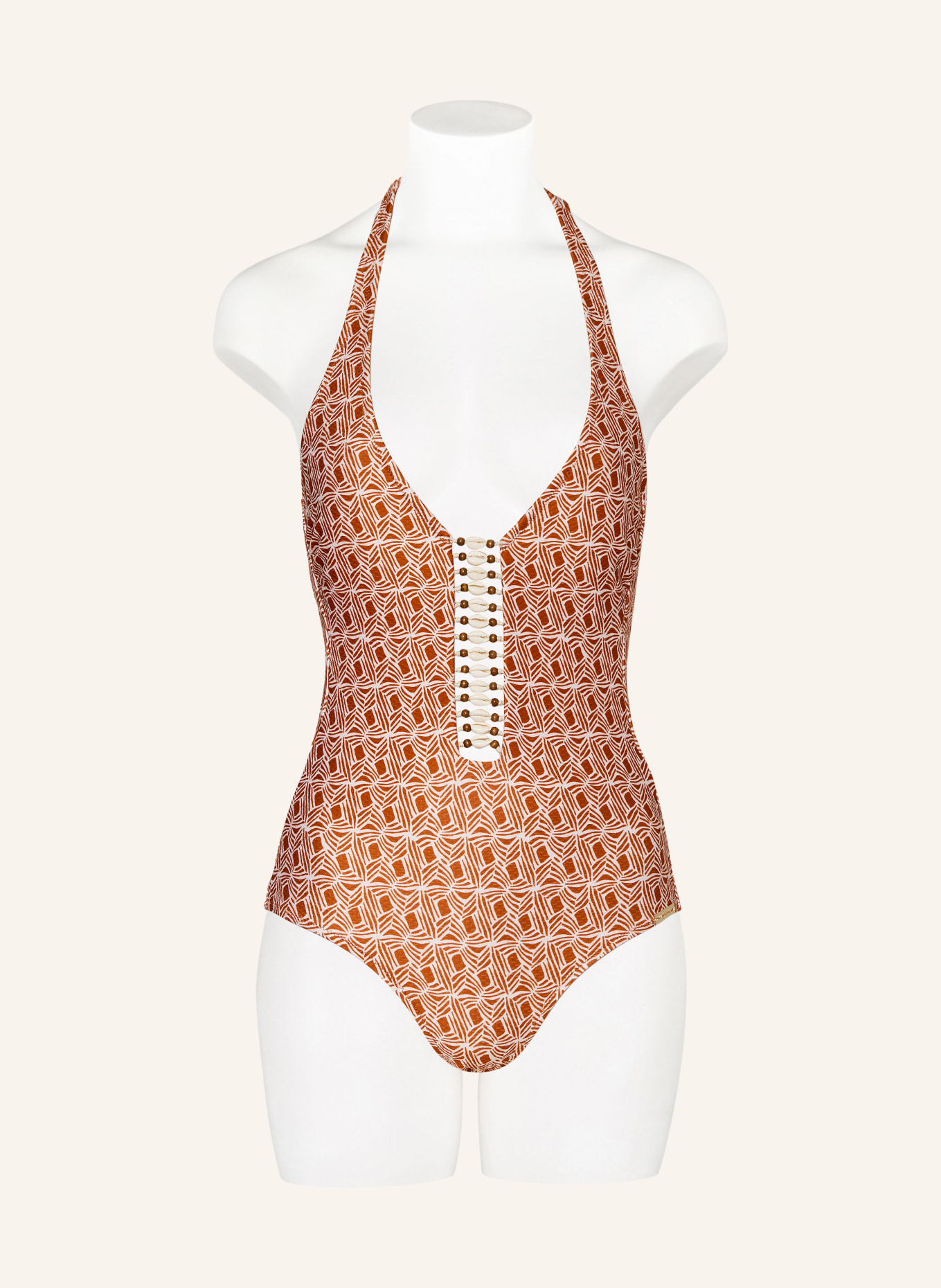 watercult Halter neck-swimsuit ORGANIC MODERNS with decorative beads, Color: DARK ORANGE/ WHITE (Image 2)