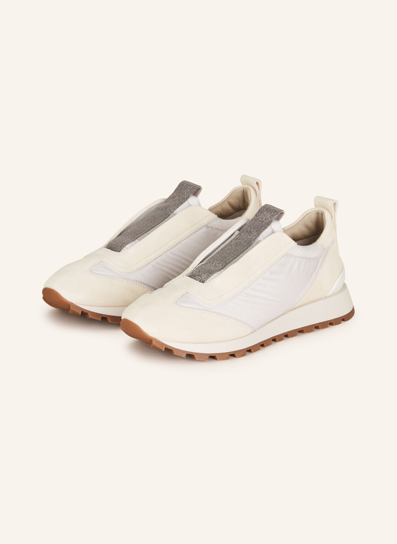 BRUNELLO CUCINELLI Slip-on sneakers with decorative gems, Color: WHITE/ CREAM/ SILVER (Image 1)