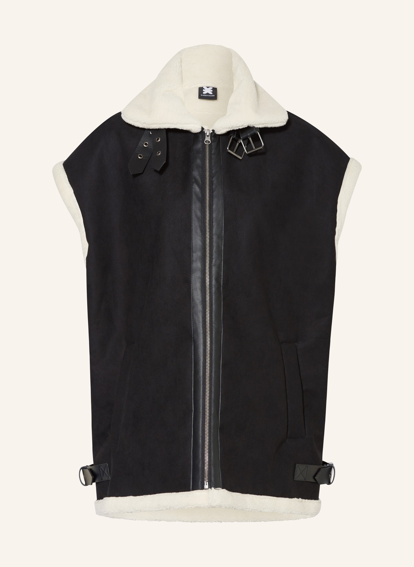 KARO KAUER Oversized vest with faux fur, Color: BLACK/ ECRU (Image 1)