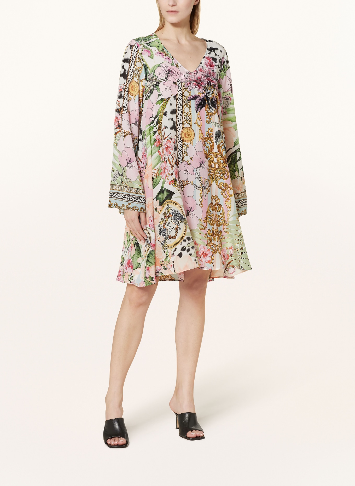 Princess GOES HOLLYWOOD Seidenkleid mit Schmucksteinen: WEISS / HELLGRÜN / ROSA