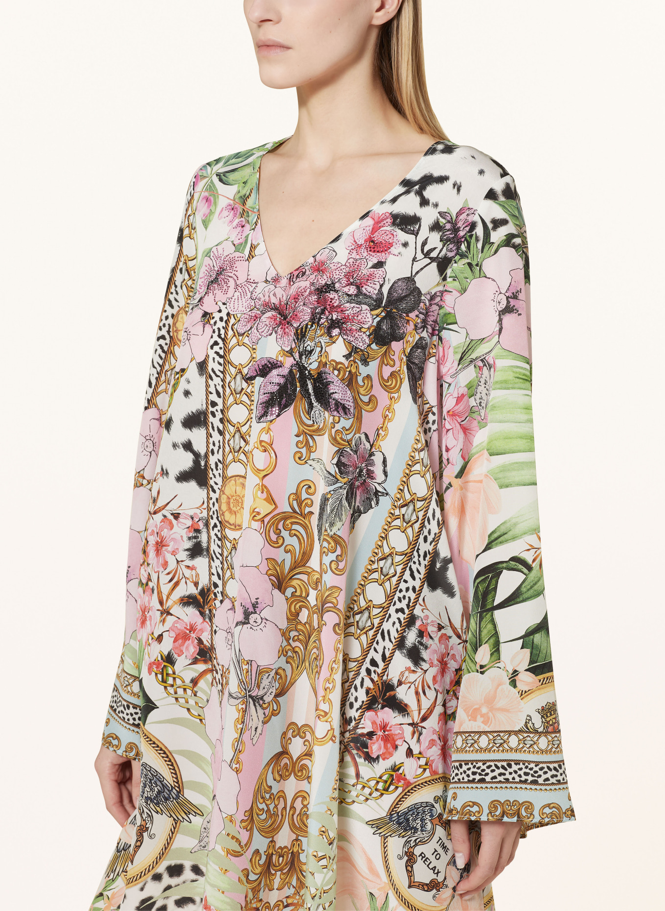 Princess GOES HOLLYWOOD Seidenkleid mit Schmucksteinen: WEISS / HELLGRÜN / ROSA