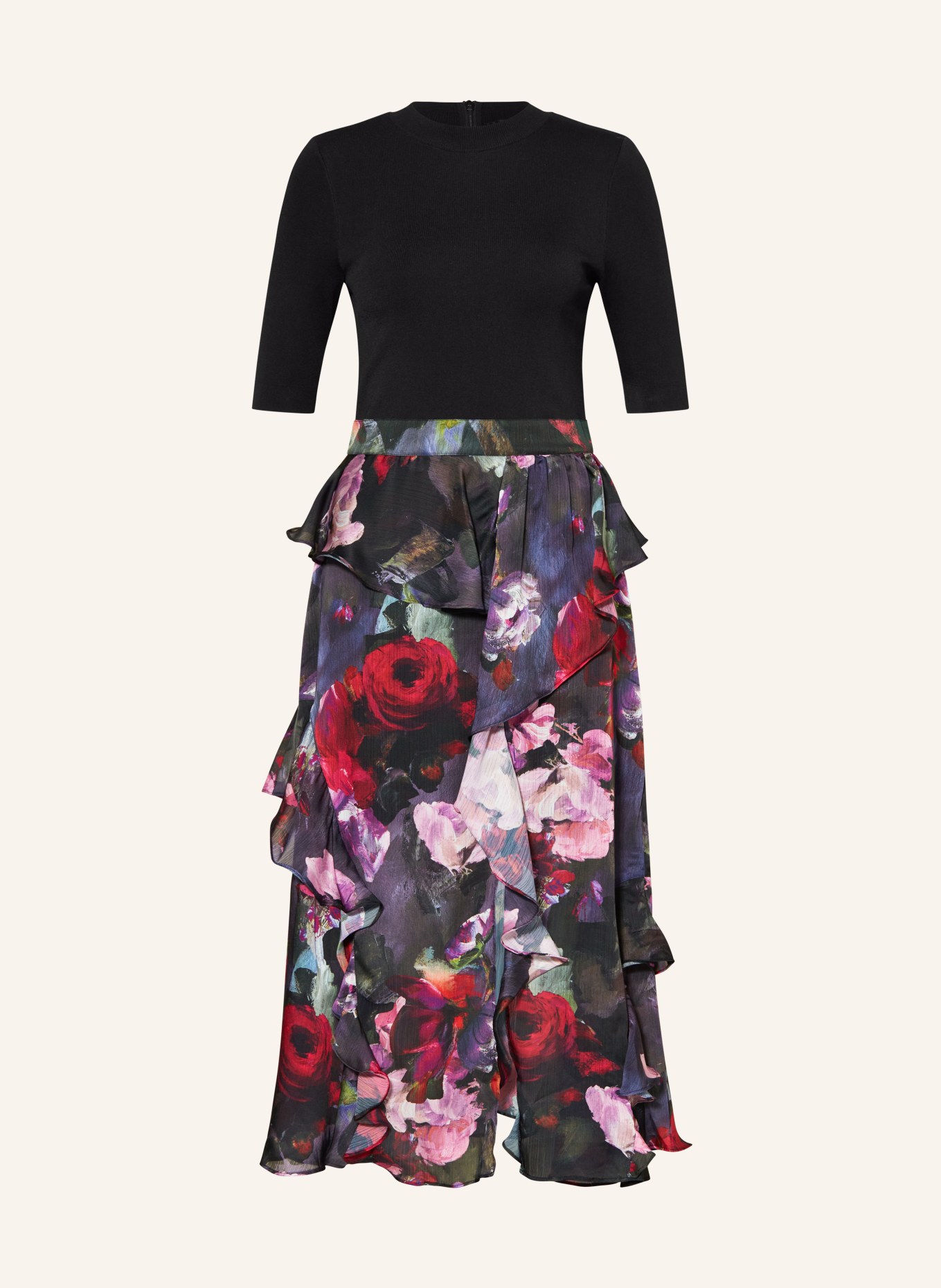 TED BAKER Sukienka ROWANA z mieszanki materiałów z wolantami, Kolor: CZARNY/ ZIELONY/ MOCNORÓŻOWY (Obrazek 1)