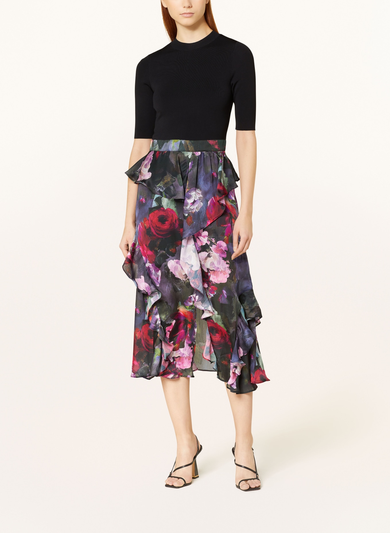 TED BAKER Dress ROWANA in mixed materials with frills, Color: BLACK/ GREEN/ PINK (Image 2)