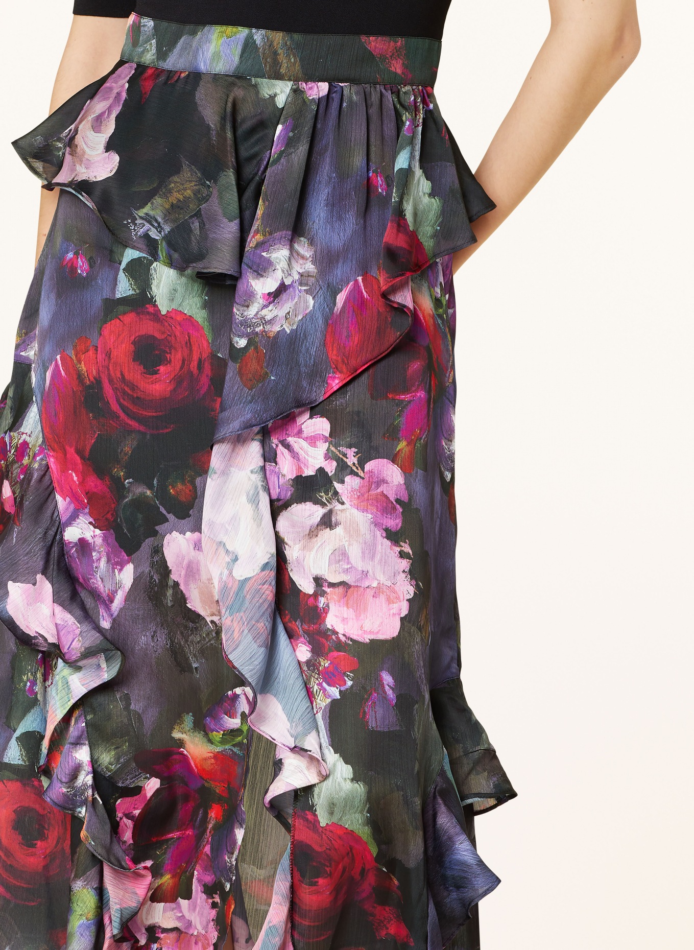 TED BAKER Sukienka ROWANA z mieszanki materiałów z wolantami, Kolor: CZARNY/ ZIELONY/ MOCNORÓŻOWY (Obrazek 4)