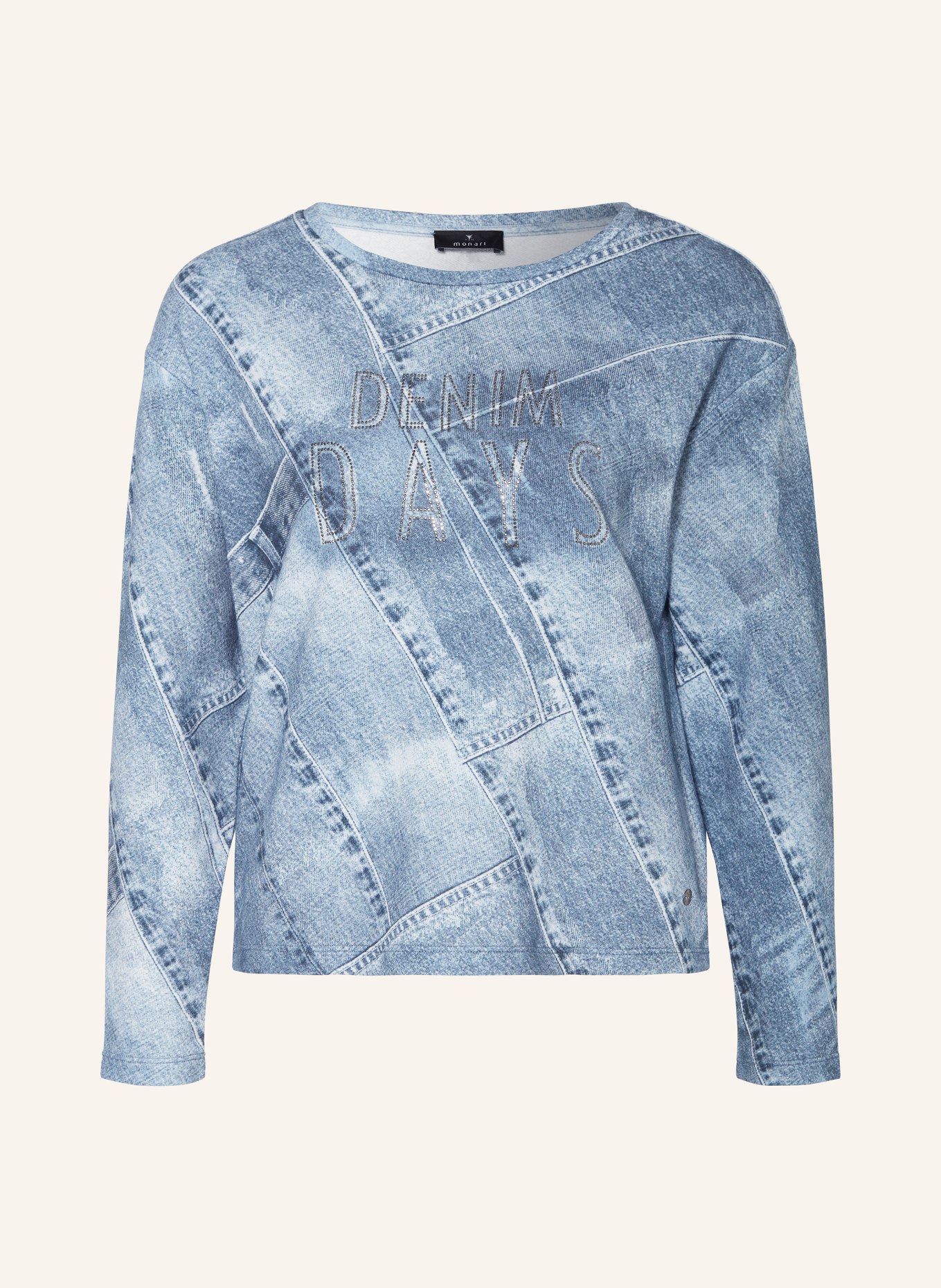 monari Sweatshirt in denim look with decorative gems, Color: BLUE/ LIGHT BLUE/ SILVER (Image 1)